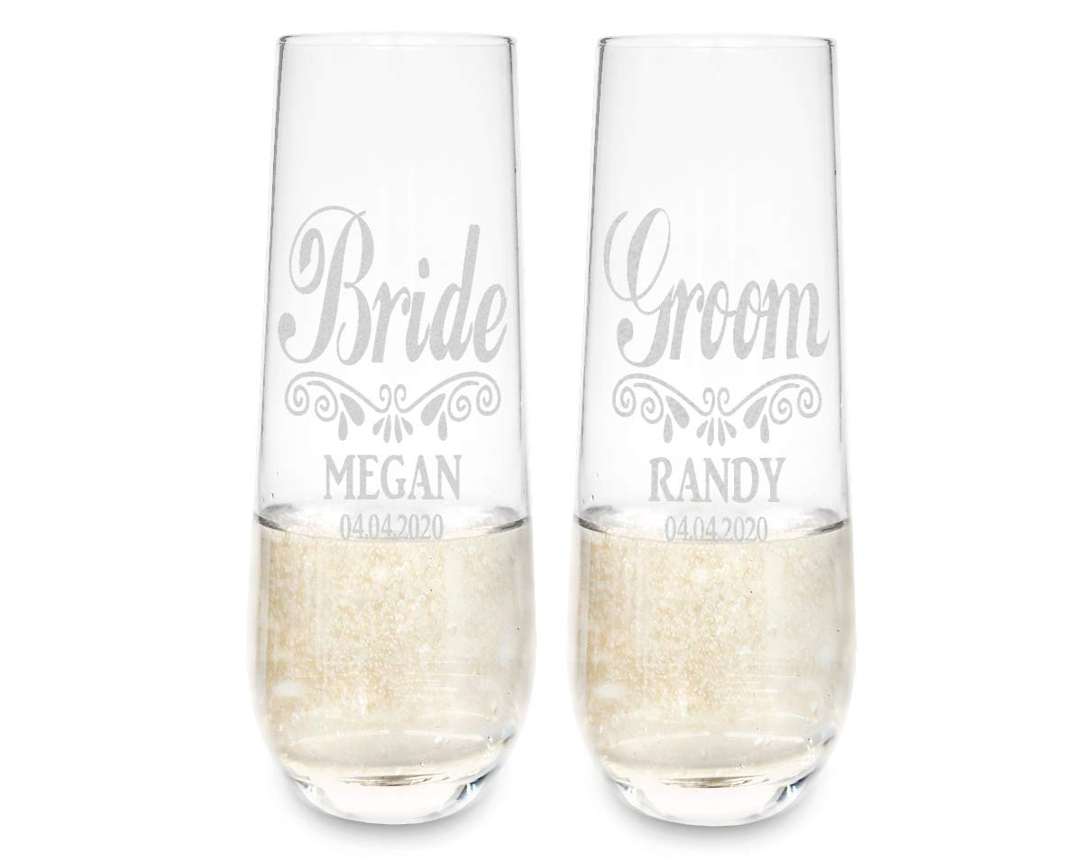Personalized Wedding Champagne Glasses Set of 2 - Custom Engraved Stemless Flutes for Bride & Groom, Bridal Shower, Anniversary Gifts (55th Year) - Perfect for Wedding Toasts, Romantic Dinners & Anniversary Celebrations