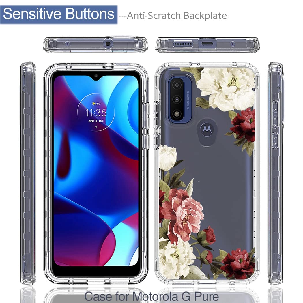 **Moto G Pure 2021 Case with Tempered Glass Screen Protector | Clear Floral Design Full Body Protective Cover for Motorola XT2163DL | Durable & Stylish for Everyday Use**