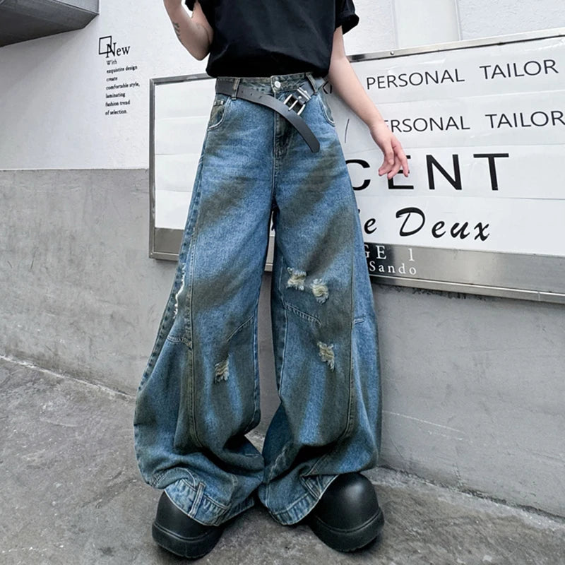 American Style Men's Jeans - Trendy Flip Design Wide Leg Distressed Denim Pants for Men | High Street Fashion | Casual Wear, Street Style & Everyday Outfits (Model 9C7025)