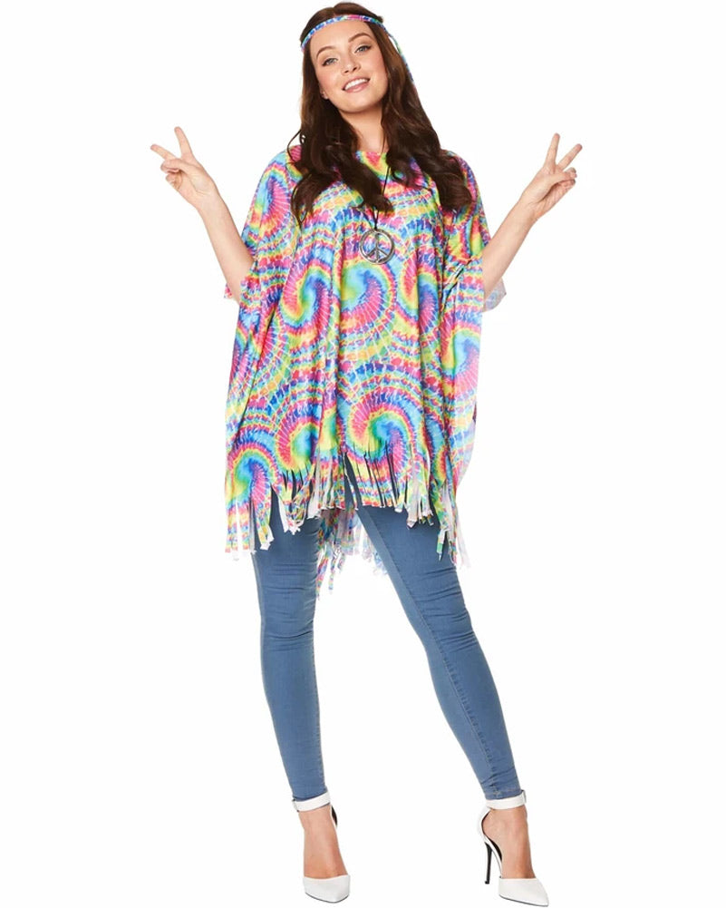 Vintage 70s Tie Dye Women's Boho Poncho - Hippie Style Cotton Beach Cover Up for Music Festivals & Summer Outfits