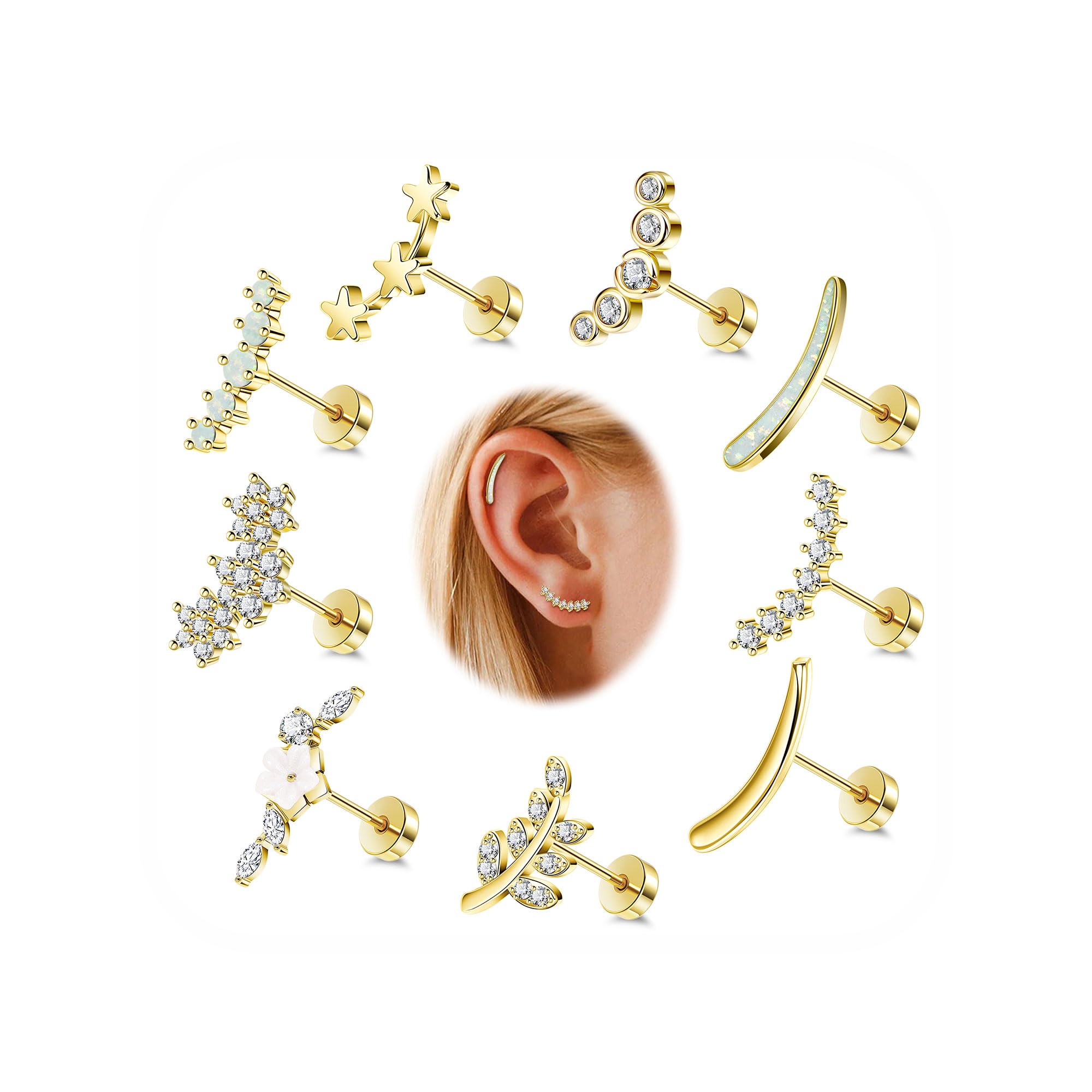 9Pcs 18G 14K Gold Plated 316L Stainless Steel Cartilage Earrings Set - Dainty Opal Leaf & CZ Flower Flat Back Studs for Helix, Conch Piercing | Hypoallergenic Jewelry for Women | Perfect for Everyday Wear, Gift Giving & Special Occasions