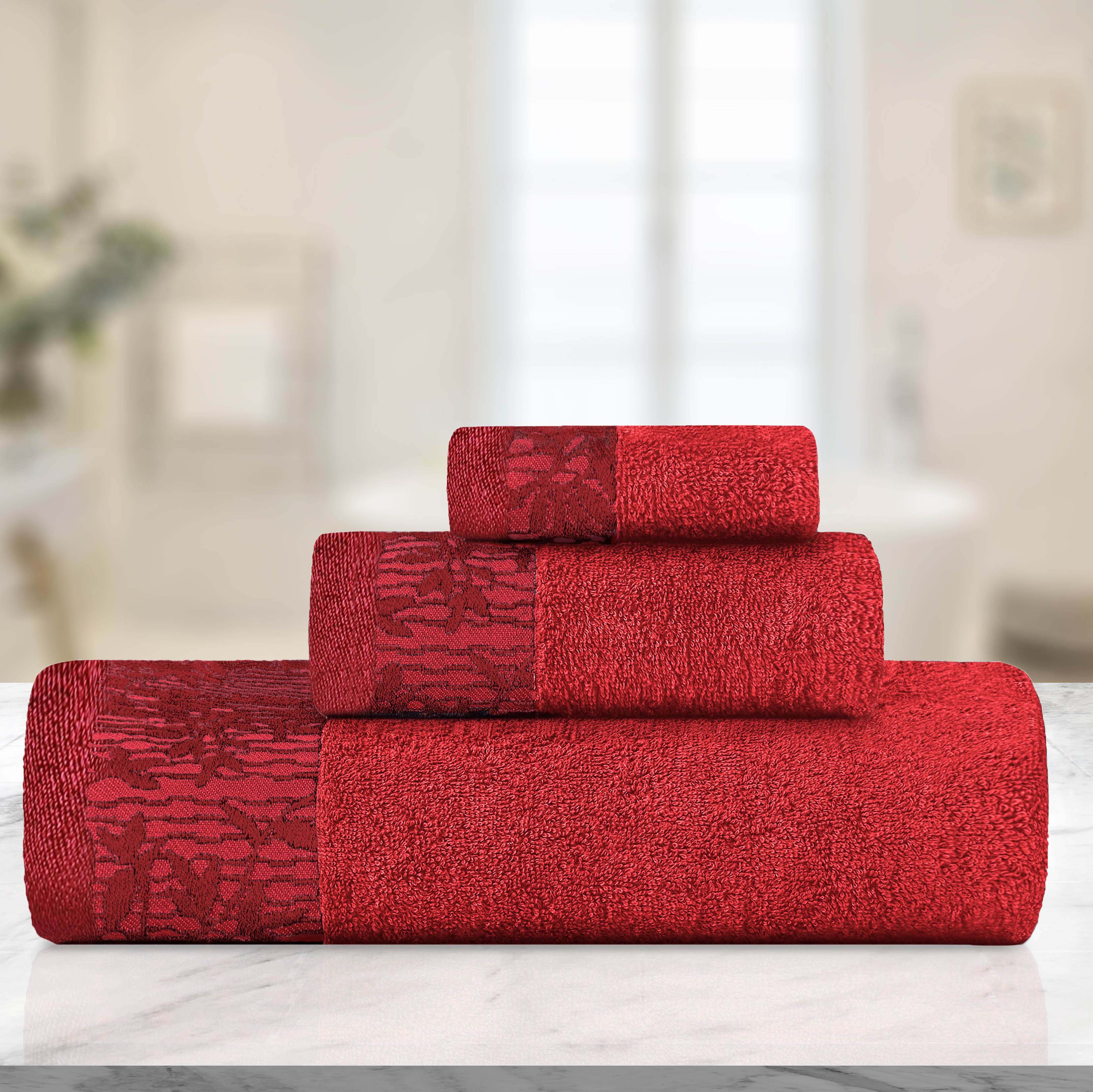 Wisteria Cotton Floral Embroidered Jacquard Border 3-Piece Bath Towel Set - Soft & Absorbent for Bathroom, Spa, and Guest Use