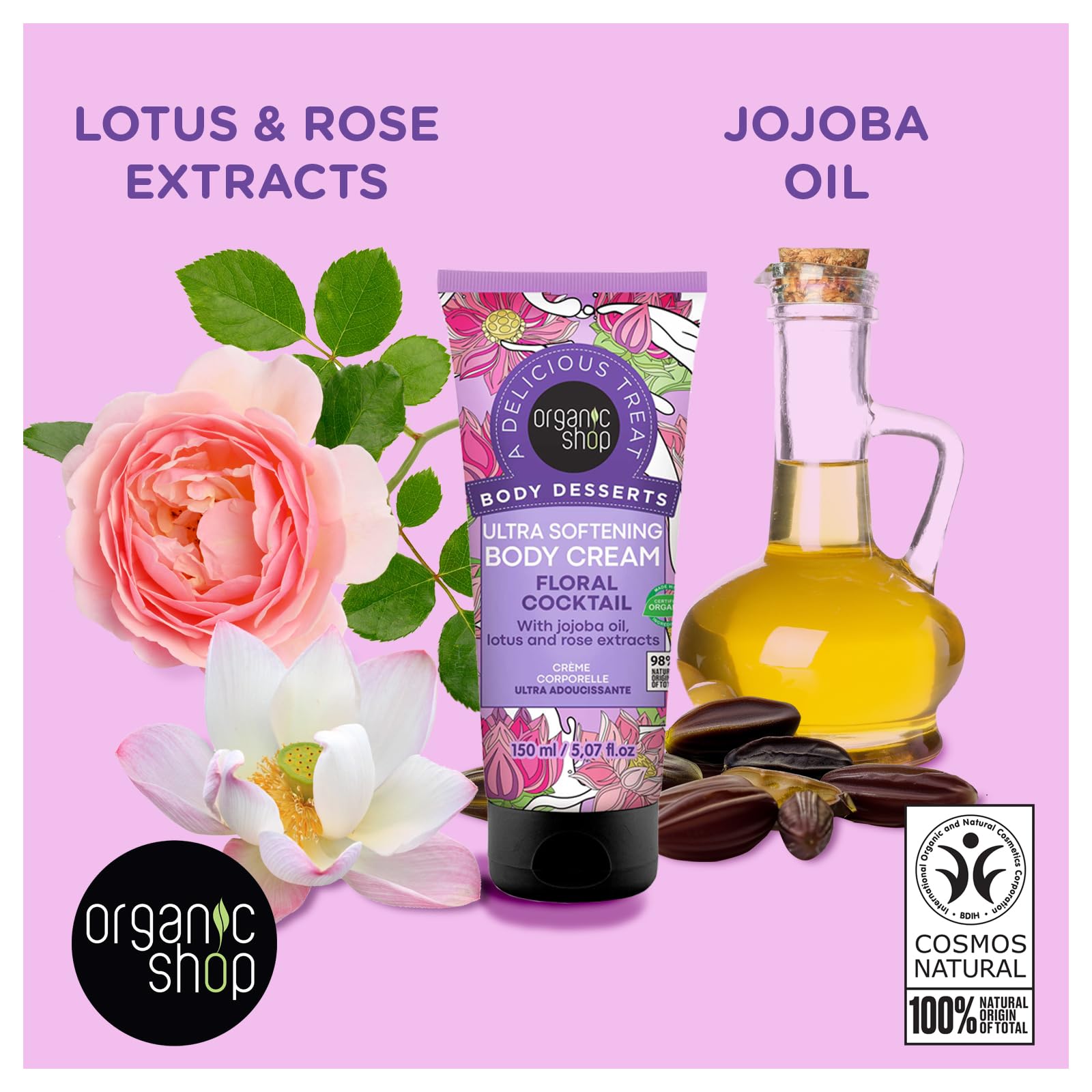 Organic Jojoba Oil & Lotus Rose Extract Body Cream - Ultra Softening Hydrating Vegan Moisturizer for Face, Hands & Body - 150ml Daily Intensive Care Lotion for Dry Skin Relief & Nighttime Hydration