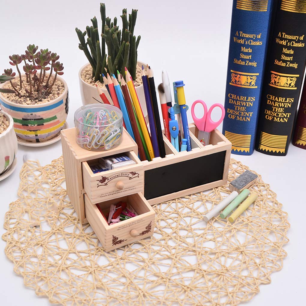 Premium Wooden Office Organizer with Drawer - Pencil Holder, Blackboard & Message Board for Desk Organization | Perfect for Home Office, Study Desk & Workspace Accessories