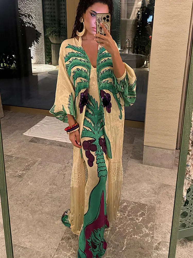 Fashion Women's Spring Print V-Neck Contrast Maxi Dress - Slim Fit Long Sleeve Elegant Vestidos for Vacation, Streetwear & Casual Outings