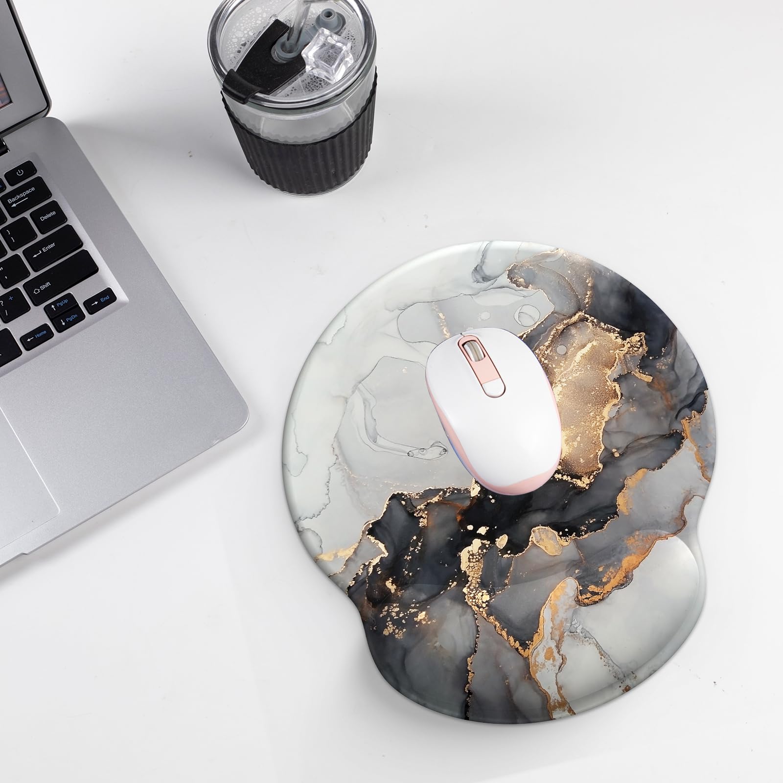 Ergonomic Mouse Pad with Wrist Support - Comfortable Gel Mousepad for Laptop & PC, Non-Slip PU Base for Pain Relief (Grey Marble) - Perfect for Office, Gaming & Long Computer Work Sessions