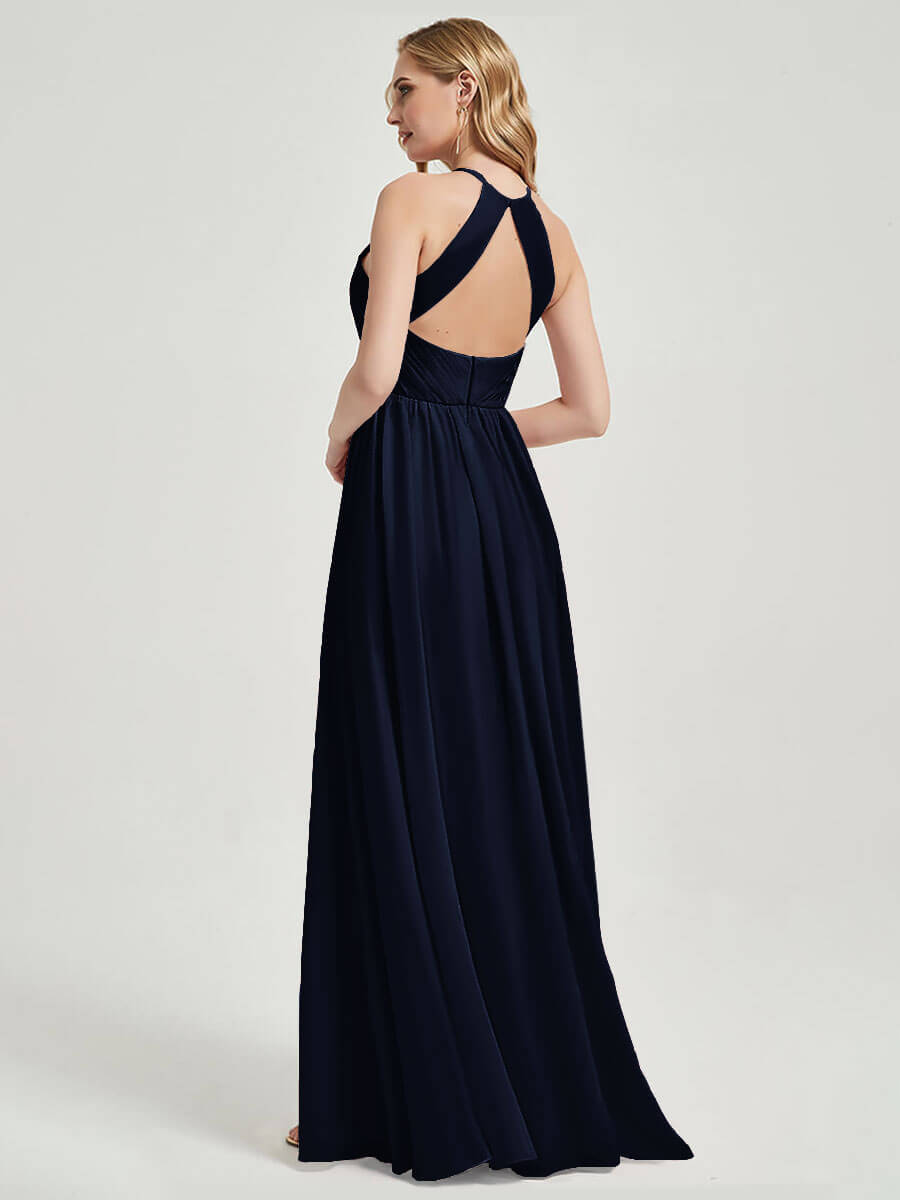 Elegant Dark Navy Halter Pleated Keyhole Back Chiffon Maxi Bridesmaid Dress for Weddings & Formal Events - Perfect for Summer Beach Weddings, Evening Galas, and Special Occasions