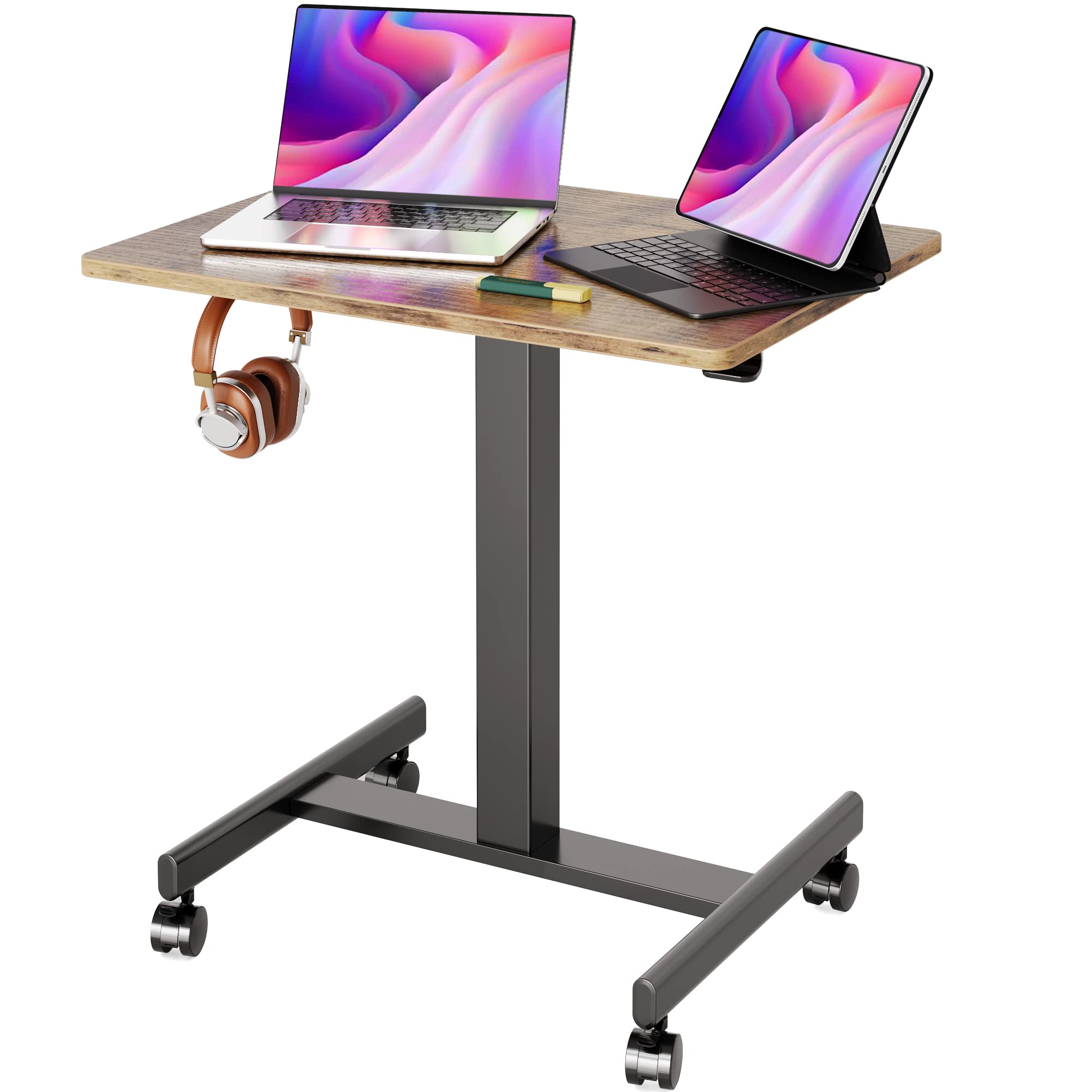 Claiks Mobile Standing Desk with Wheels - Adjustable Height Small Rolling Workstation for Home Office, Pneumatic Laptop Desk with Hook in Rustic Brown | Perfect for Remote Work, Study & Small Spaces