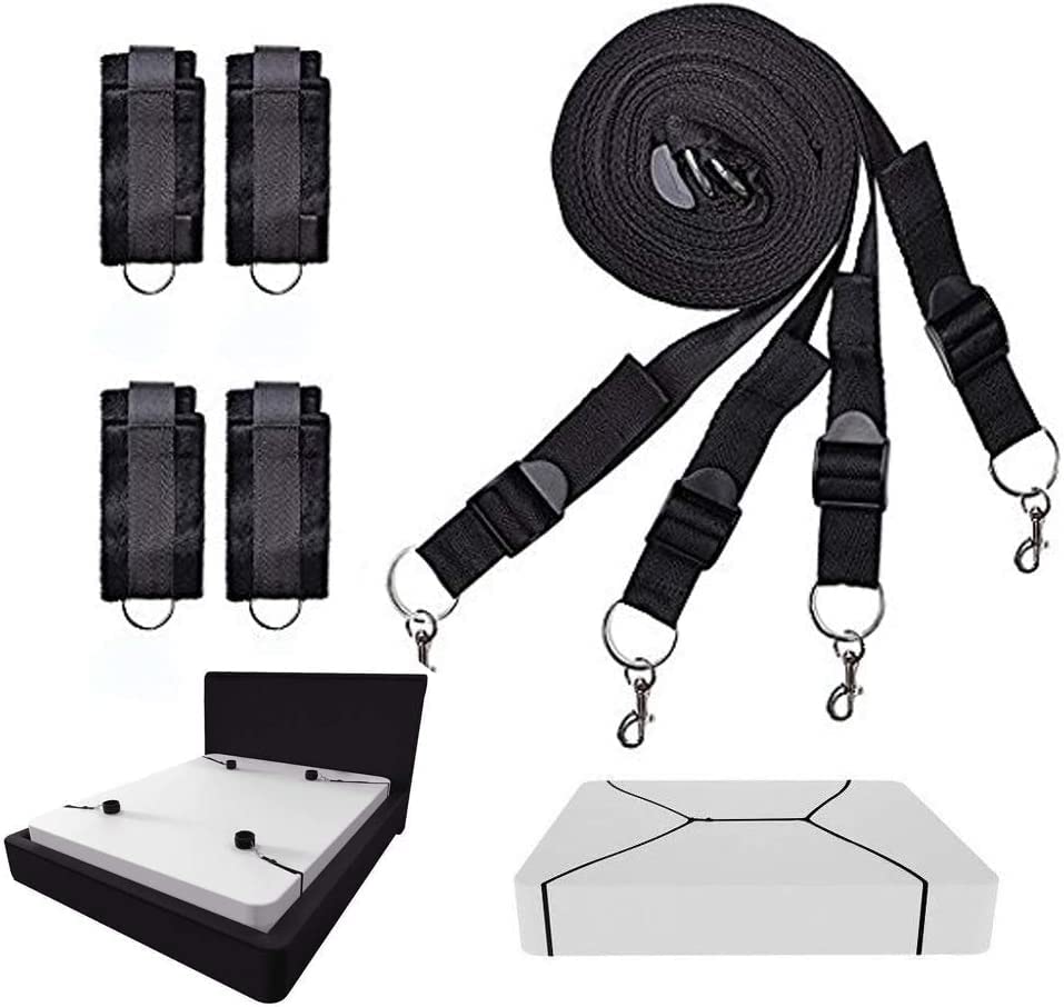 BDSM Under Bed Restraints Kit - Adjustable Wrist & Ankle Cuffs with Blindfold for Couples | Spice Up Your Sex Life | Perfect for Bedroom Bondage, Fetish Play & Sensual Exploration (Fits Any Mattress)