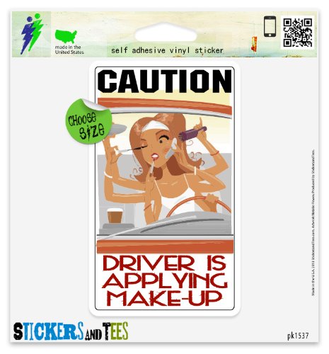 Funny Car Decal - 'Caution Driver is Applying Make-Up' Vinyl Sticker 5x4 Inch for Bumper Window Laptop | Indoor Outdoor Waterproof | Perfect for Prank Gifts & Car Enthusiasts