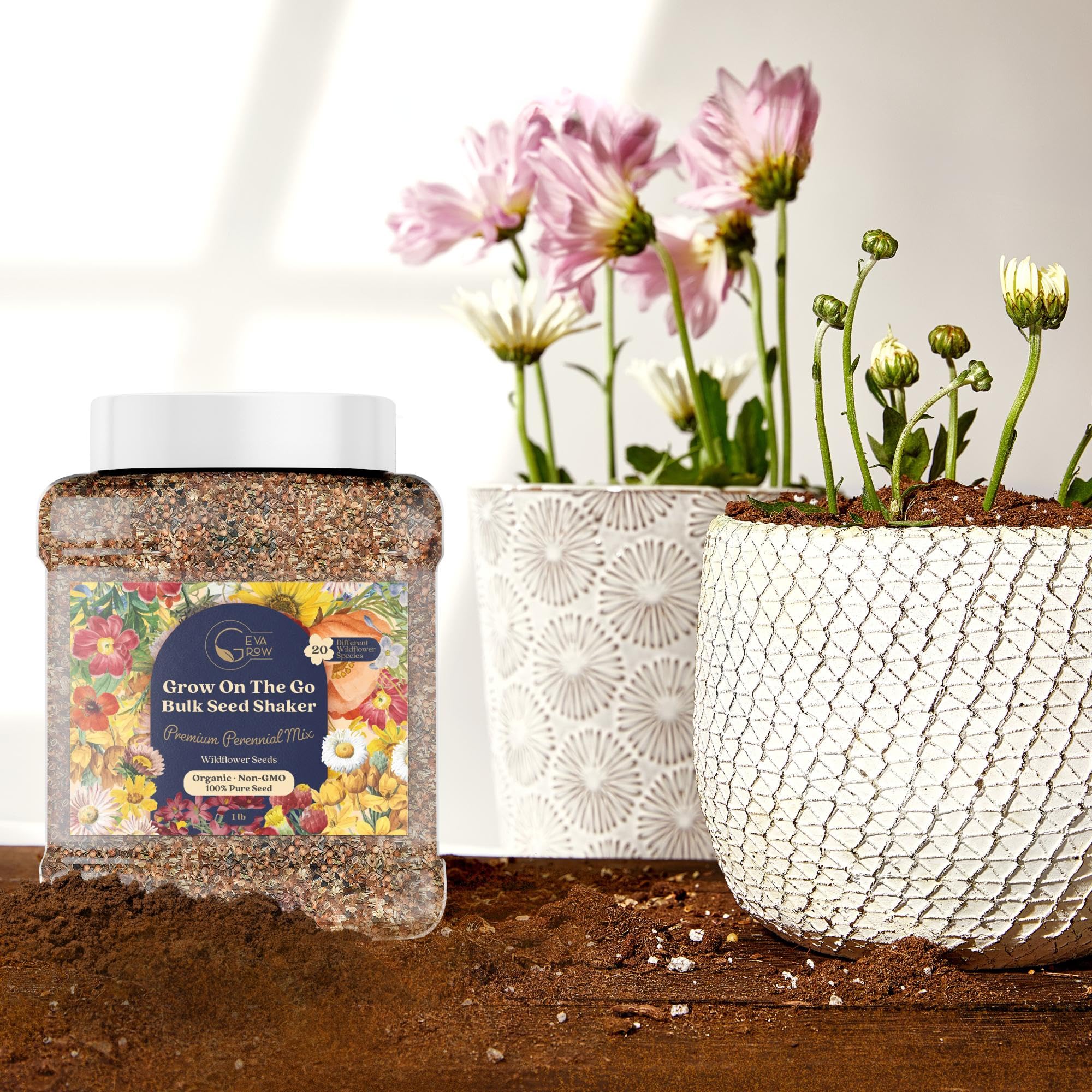 Bulk Wildflower Seed Shaker – 1 Pound Tub with 900,000+ Perennial Flower Seeds Mix (20 Varieties) by Geva Grow – Perfect for Gardens, Meadows & DIY Wedding Favors