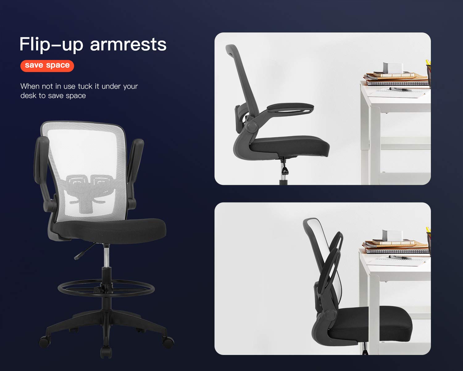 Ergonomic Drafting Chair - Adjustable Height Office Chair with Lumbar Support, Arms & Footrest - White Mesh Swivel Rolling Stool for Standing Desks - Perfect for Architects, Artists & Home Office Workspaces