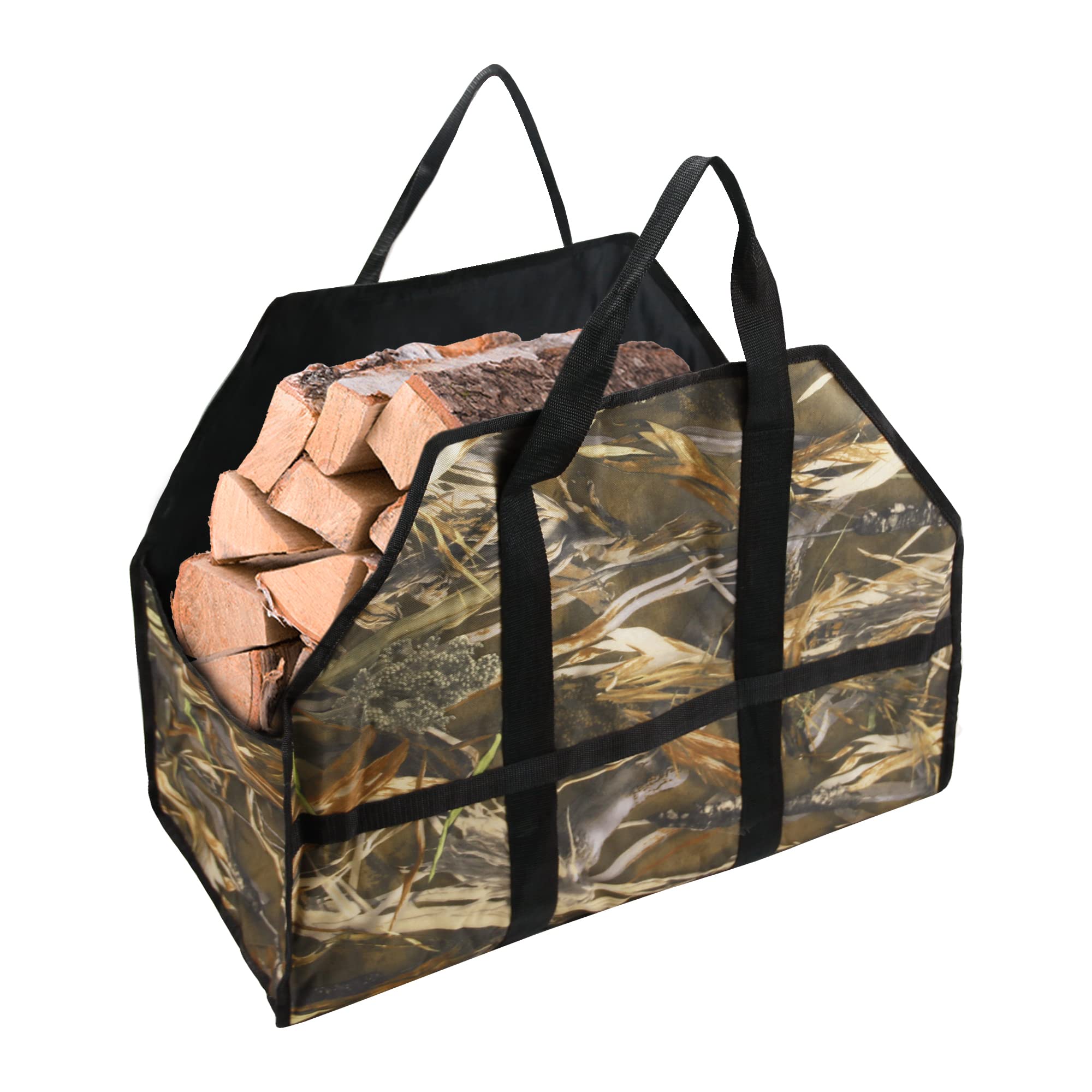UNISTRENGH Heavy Duty Canvas Firewood Log Carrier - Durable Firewood Tote Bag for Fireplace & Wood Stove Accessories (2# Reed Camouflage) - Perfect for Camping, Fireplace & Outdoor Wood Storage
