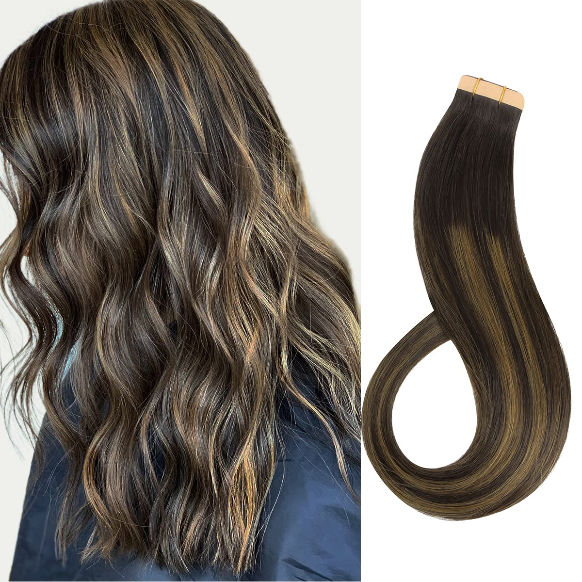 Marat 22 Inch Tape in Hair Extensions - 50g Natural Black Mixed Chestnut Brown Real Human Hair for Straight Hairstyles | Perfect for Weddings, Parties & Daily Styling