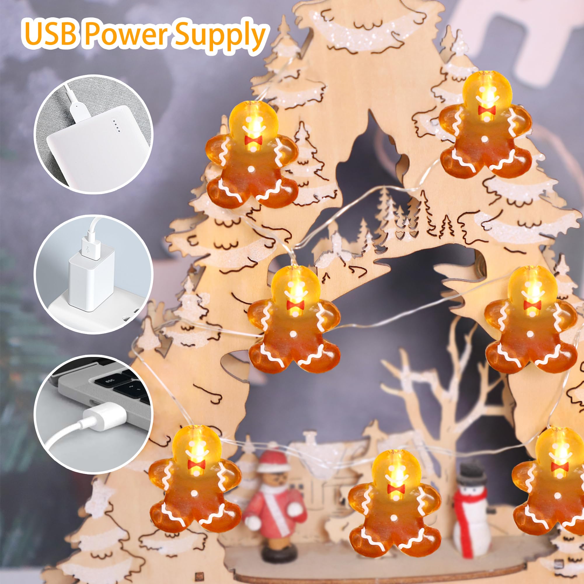 Christmas Gingerbread LED String Lights - 10ft 20 LEDs with Remote for Holiday Decor