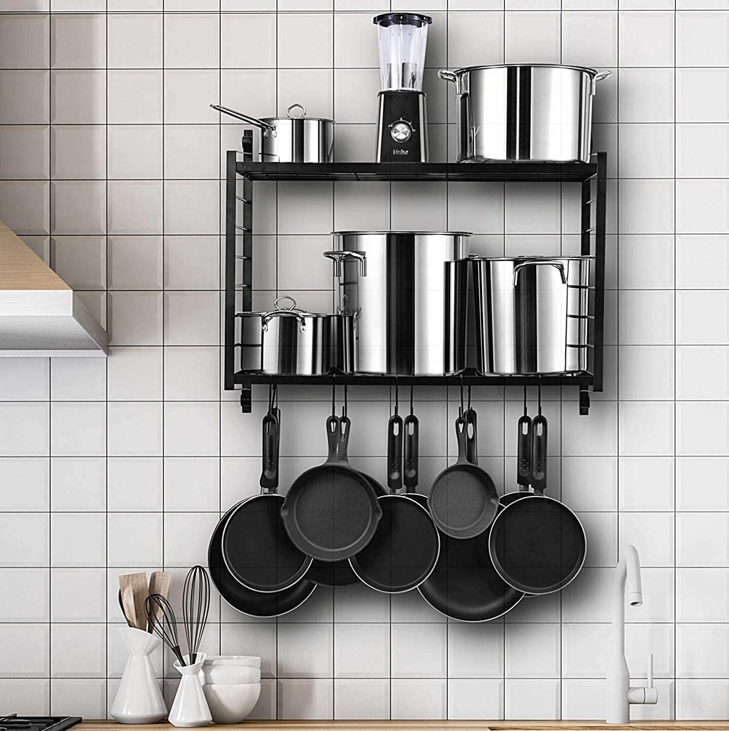 Space-Saving Wall-Mounted Pan Pot Rack with Hooks - Kitchen Organizer for Cookware Storage & Utensil Hanging | Retro Style Wall Decor for Small Kitchens & Apartment Cooking Spaces