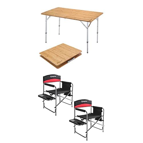 KingCamp Lightweight Folding Bamboo Camping Table with Director Chair - Portable Outdoor Picnic, Beach, Backyard Furniture Set (2 Pack) - Perfect for Camping, Tailgating & Outdoor Relaxation