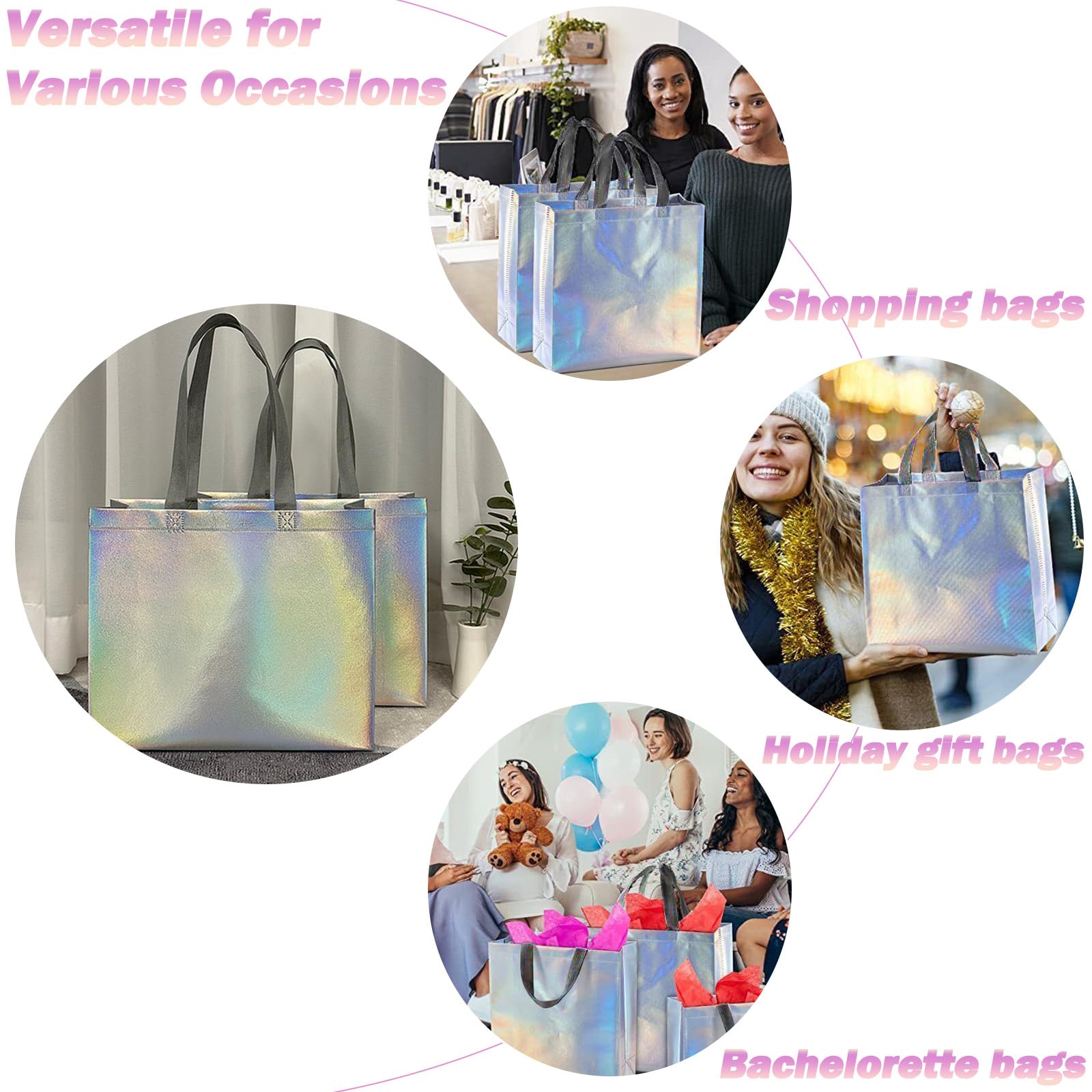 60-Pack Reusable Iridescent Gift Bags with Handles - 12.6