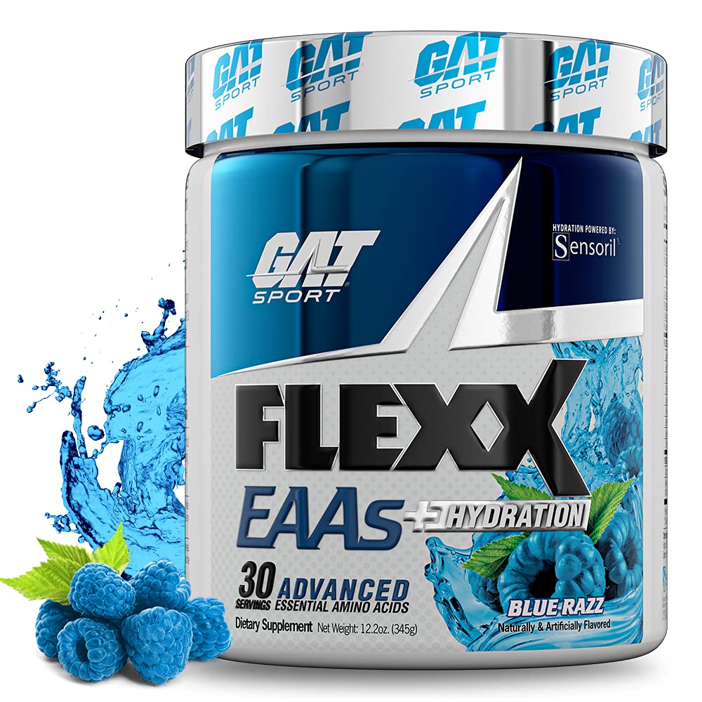 GAT SPORT Flexx EAAs + Hydration - Premium Essential Amino Acid Supplement with Electrolytes, 30 Servings Blue Raspberry Flavor | Post-Workout Recovery & Hydration Boost for Athletes