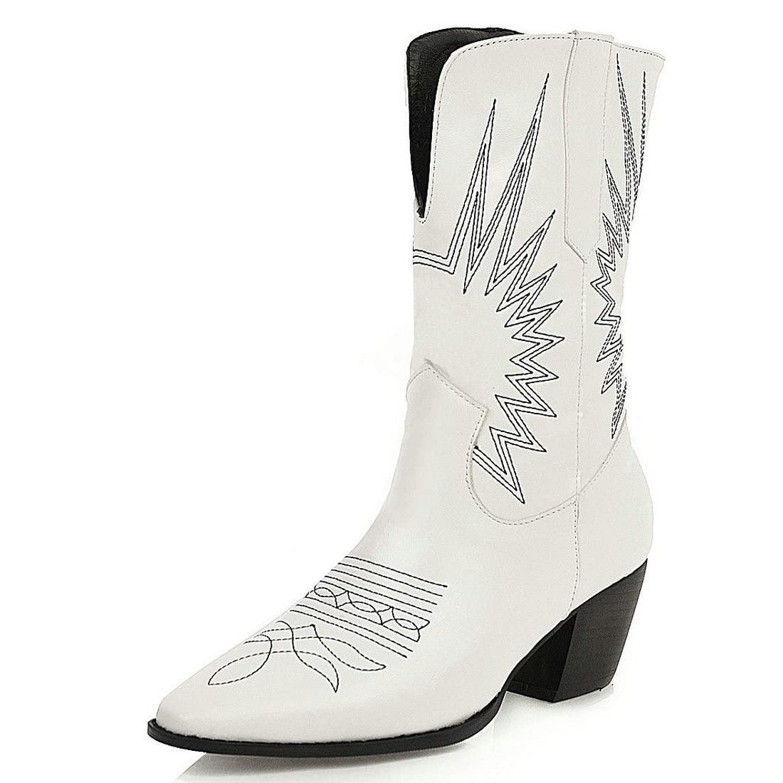 Vintage Embroidered Cowgirl Boots for Women - Western Pull-On Mid Calf Boots with Stitching Details | Perfect for Country Dancing, Rodeo Events & Western Fashion Outfits