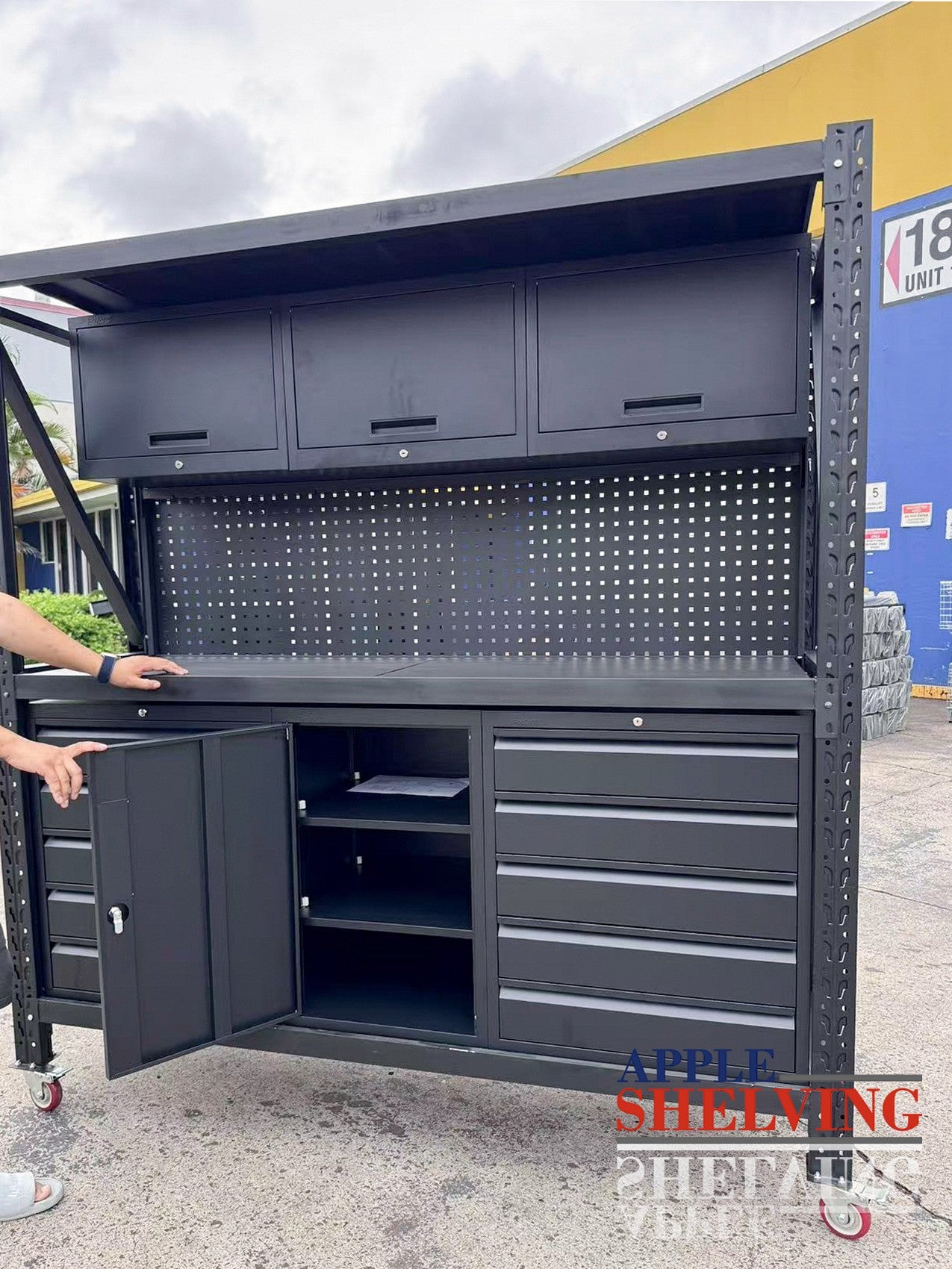 2m (6.5ft) Heavy Duty Steel Pegboard Workbench with 10 Drawers & Cabinet - Perfect for Garage, Workshop, and DIY Projects