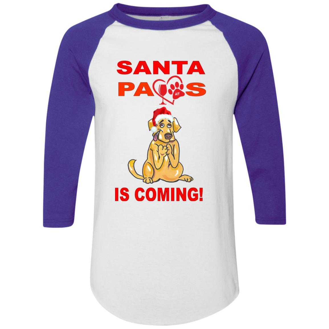 Santa Paws Is Coming Augusta Colorblock Raglan Jersey - Funny Christmas Dog Sweater for Small Medium Large Breeds - Perfect for Holiday Photos & Family Gatherings