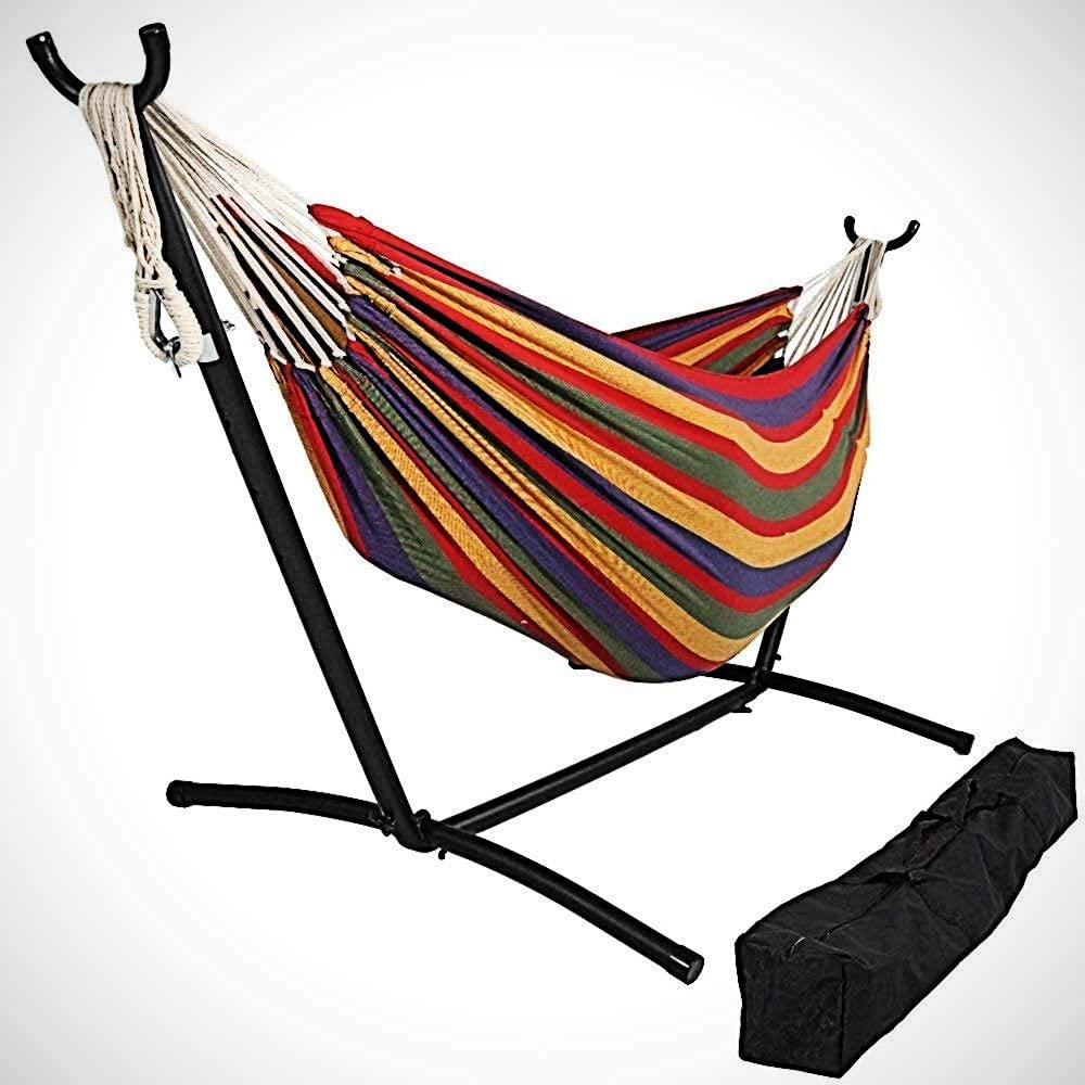 Tropical Stripe Double Classic 2 Person Hammock with Stand - Portable Outdoor Hammock for Backyard, Beach & Camping - Perfect for Relaxation & Lounging