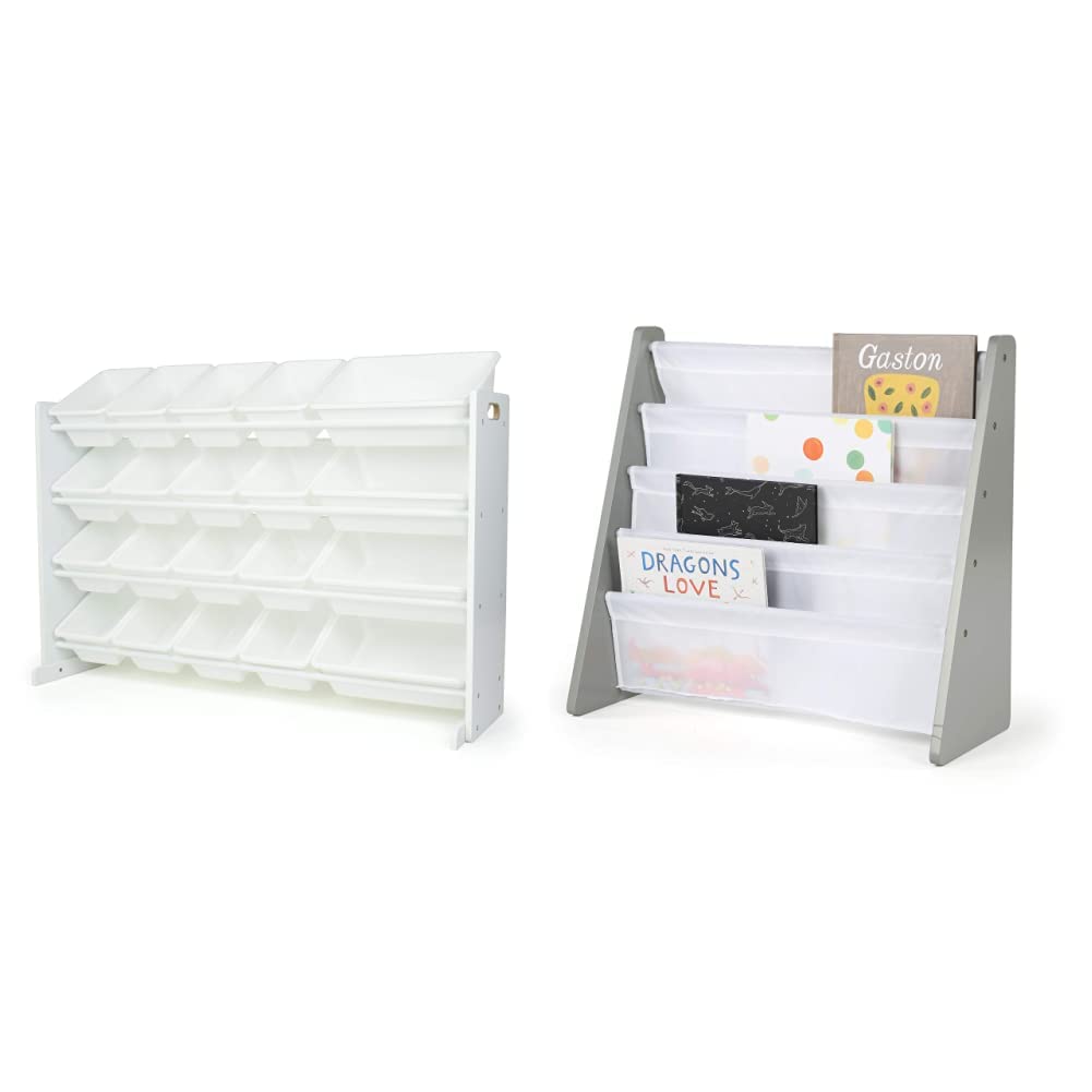 Humble Crew Extra Large Toy Organizer with 20 Storage Bins - White/Grey Kids Book Rack & Bookshelf Organizer, 4-Tier Storage Solution for Playroom, Nursery, and Classroom Organization
