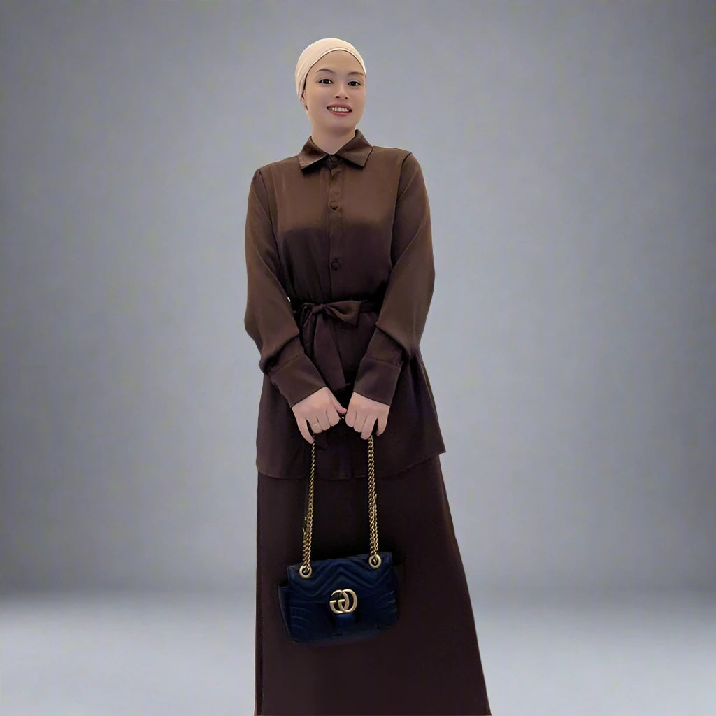 2-Piece Muslim Women's Satin Prayer Outfit Set - Modest Long Sleeve Top & Flowy Skirt Suit for Eid, Ramadan & Daily Wear