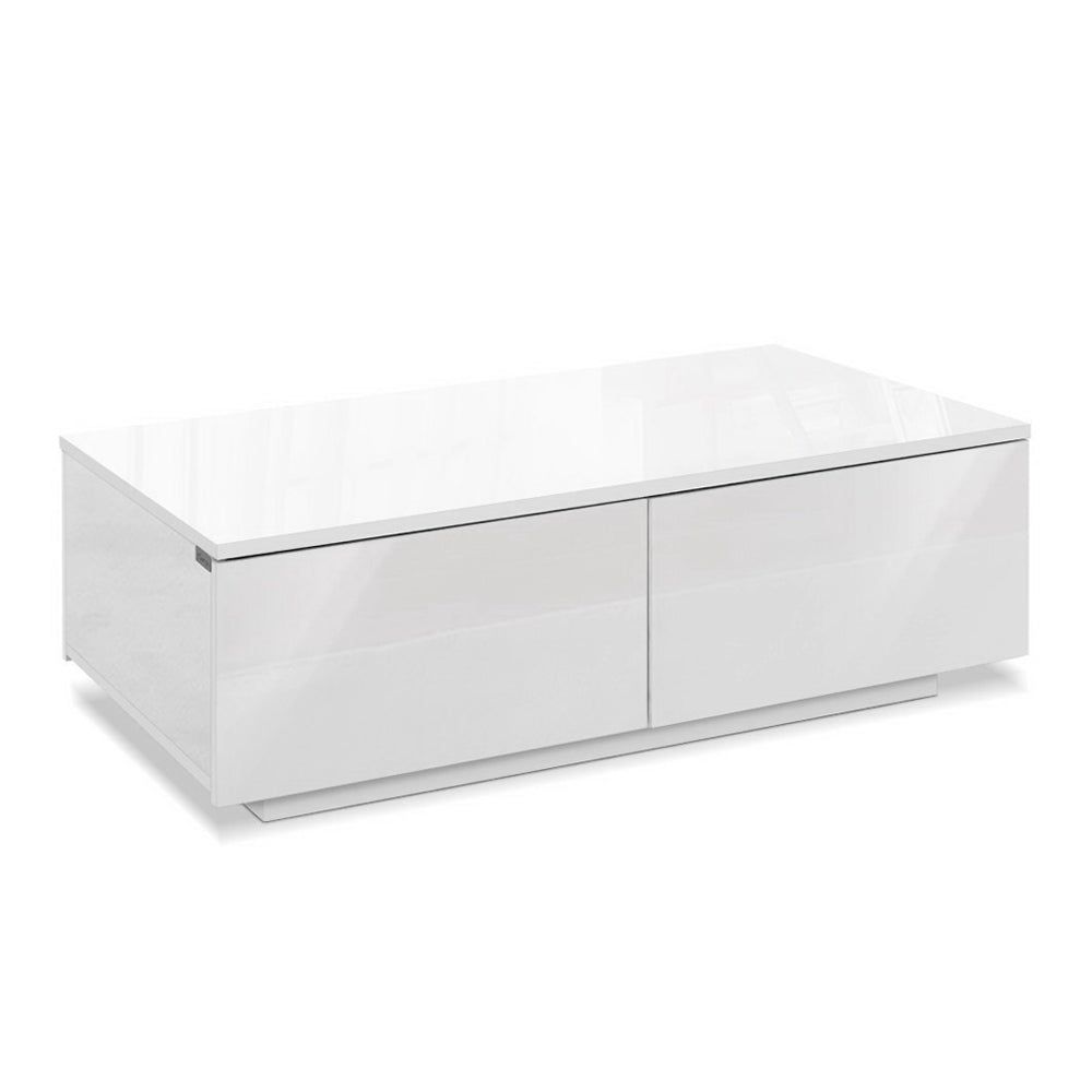Modern White High Gloss Coffee Table with 4 Storage Drawers - Living Room Furniture for Small Spaces & Home Decor