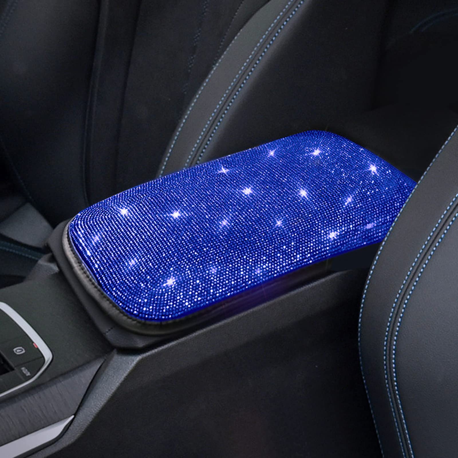 FUNOJOY Rhinestone Bling Car Armrest Cover for Women - Blue Diamond Design, Soft Comfort & Stylish Interior Car Accessories - Perfect for Sedans, SUVs & Luxury Vehicles