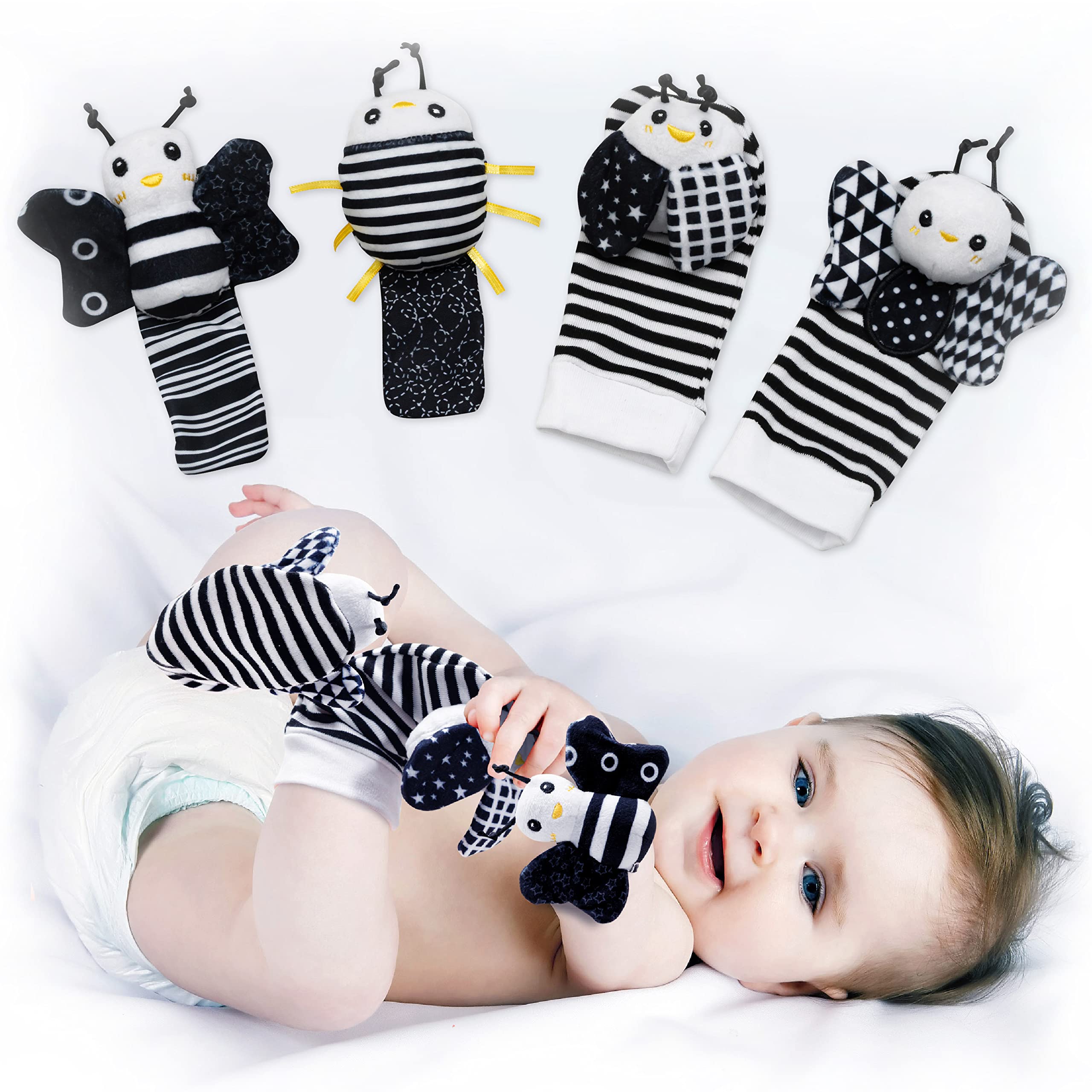 BABY K Baby Rattle Socks & Wrist Toys Set E - Newborn Infant Developmental Toys for Boys & Girls 0-12 Months - Soft Hand & Foot Rattles for Sensory Play & Brain Growth - Perfect Baby Shower Gift for Crawling & Tummy Time Activities