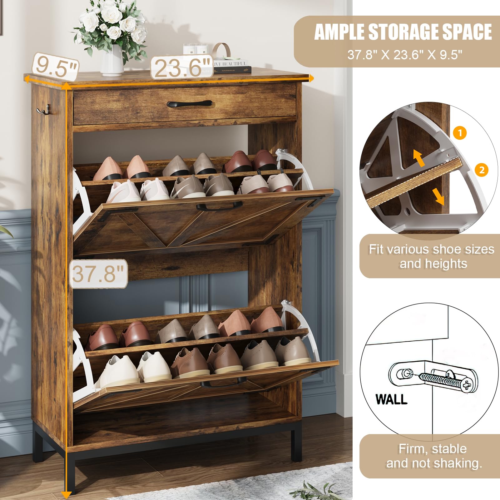 Farmhouse Style Shoe Storage Cabinet - Narrow Entryway Shoe Organizer with 2 Flip Drawers, Free Standing Slim Shoe Rack for Foyer & Hallway (Brown) - Perfect for Small Spaces & Home Organization