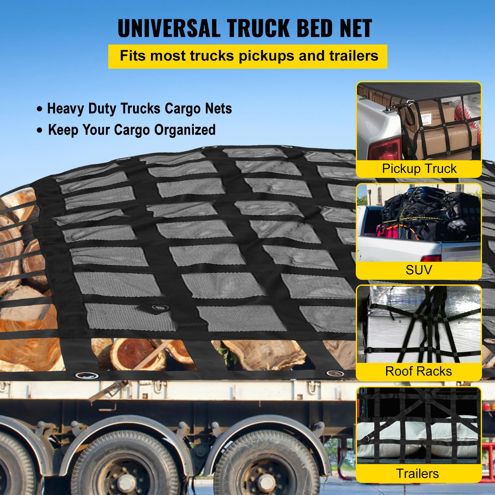 VEVOR Heavy Duty 8' x 6.7' Cargo Net with Reinforced Mesh - Universal Pickup Truck Bed Net with Cam Buckles, S-Hooks & Cross Strap - Secures Gear for Trucks, SUVs, Jeeps & Trailers (96
