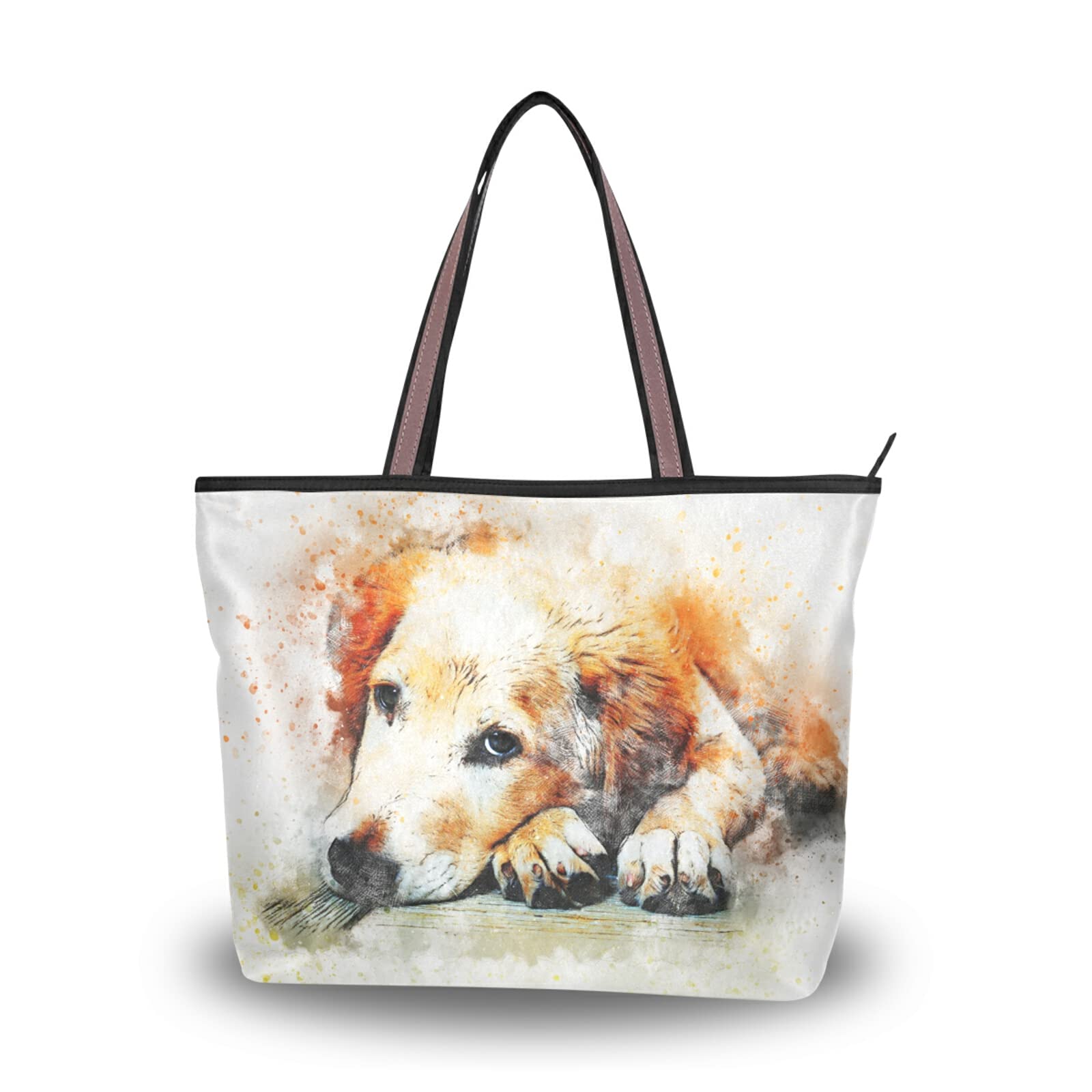 Aesthetic Dog Painting Tote Bag for Women - Large Capacity Zippered Grocery Purse with 2 Size Options | Perfect for Shopping, Beach Trips & Daily Use