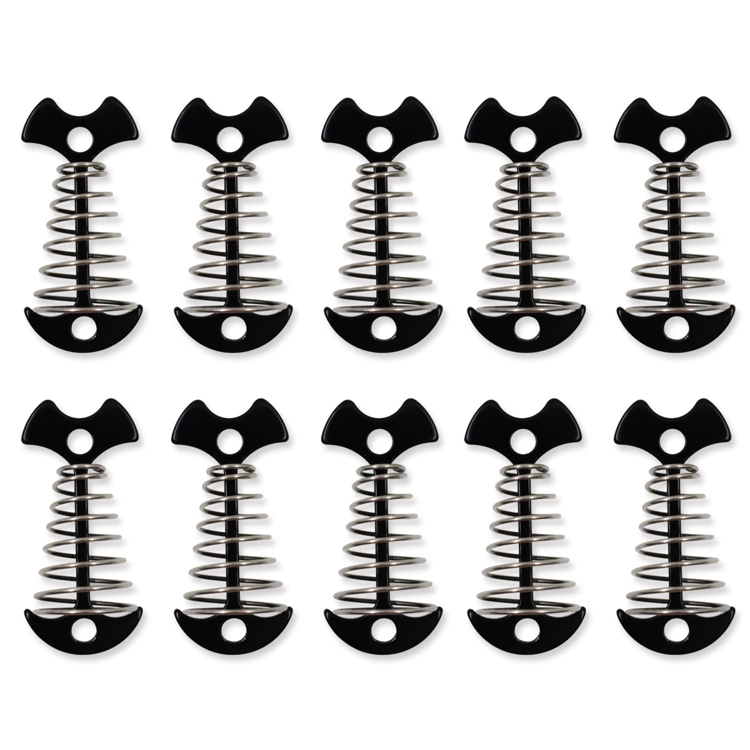 10Pcs Aluminum Tent Stakes with Spring Buckle - Heavy Duty Windproof Deck Anchors & Fishbone Rope Tighteners for Camping, Hiking, Backpacking - Perfect for Outdoor Tents, Tarps, Canopies & Beach Umbrellas (Black)