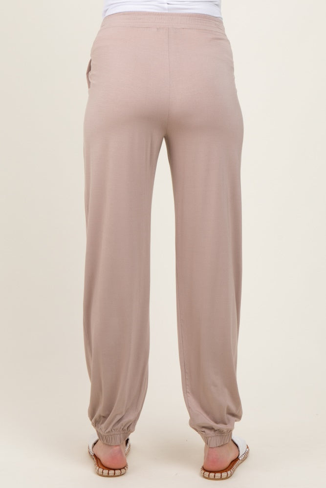 Beige Maternity Jogger Pants with Drawstring Waist - Comfortable Pregnancy Workout Pants for Yoga, Lounge & Everyday Wear