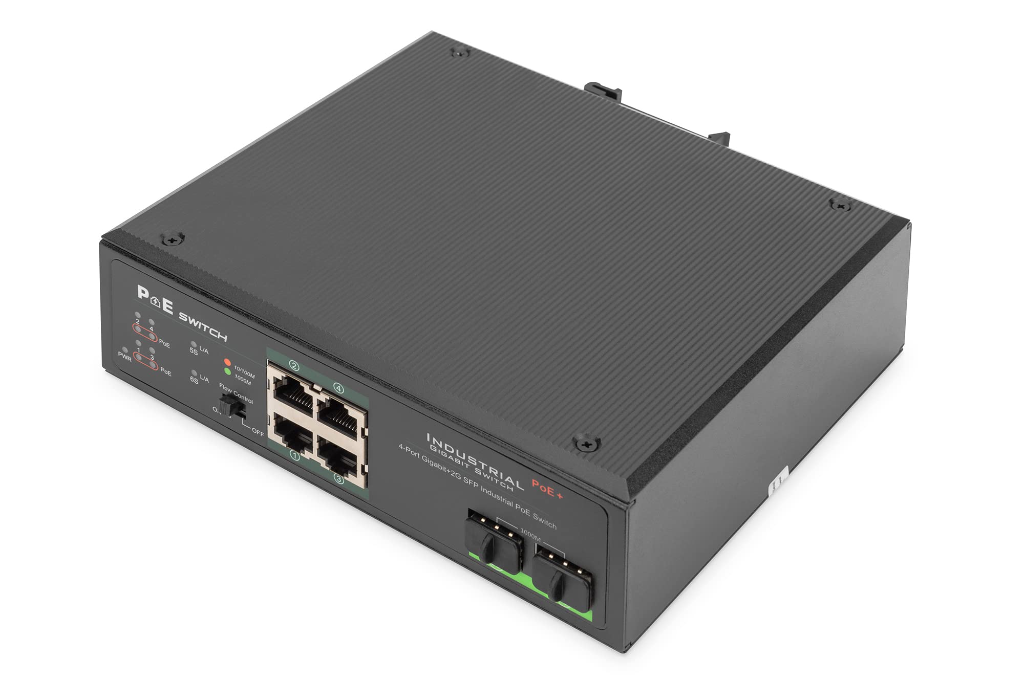 Digitus 4-Port PoE+ & 2-Port SFP Industrial Gigabit Ethernet Switch with 802.3at, DIN Rail Mount - Ideal for Factory Automation, Security Cameras & Harsh Environments
