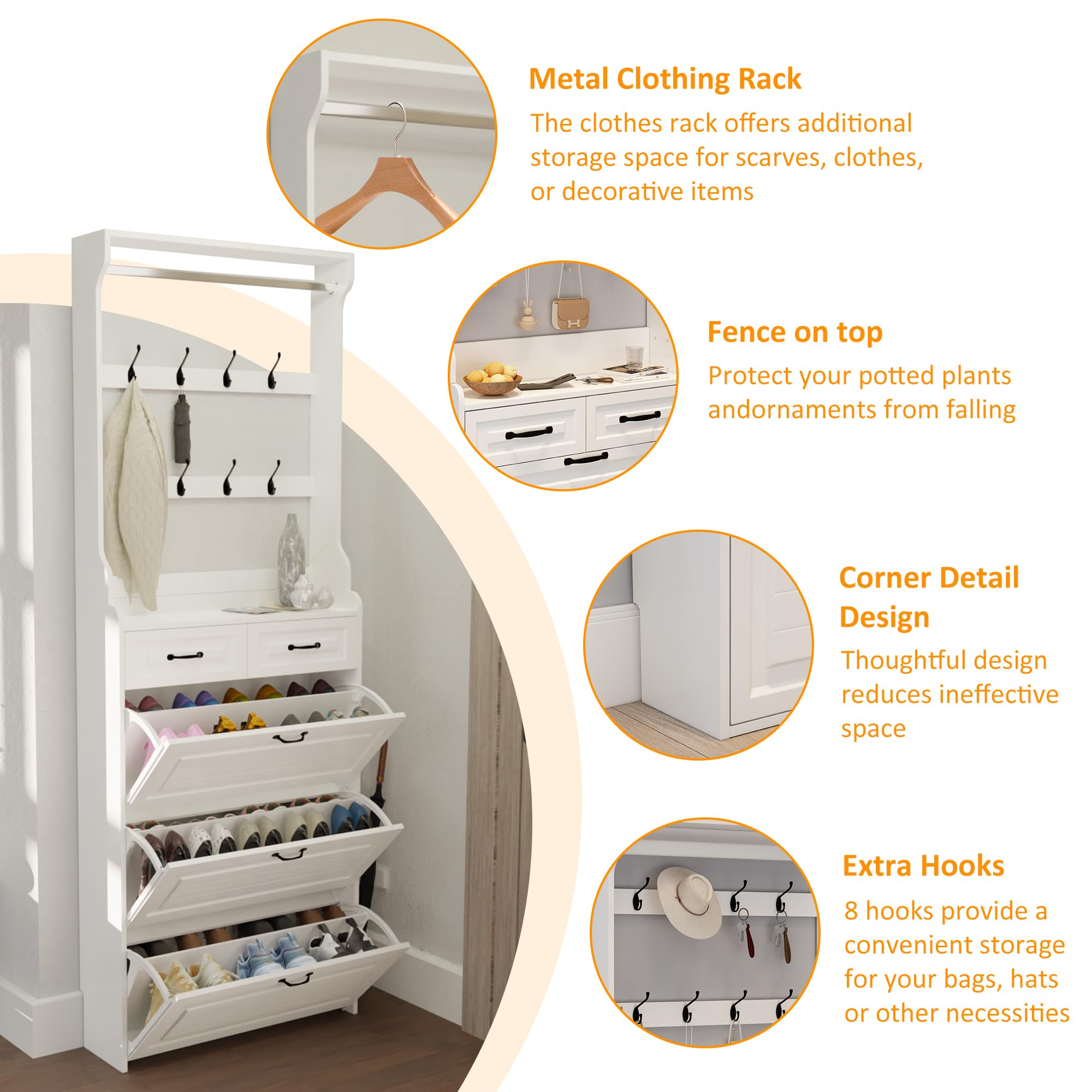 Olela Slim Shoe Cabinet for Entryway - Narrow Hidden Shoe Rack Organizer with Open Shelves, 8 Hooks & 3 Flip Drawers - Freestanding Storage for Hallway, Closet or Bedroom - Perfect for Small Spaces & Apartment Living