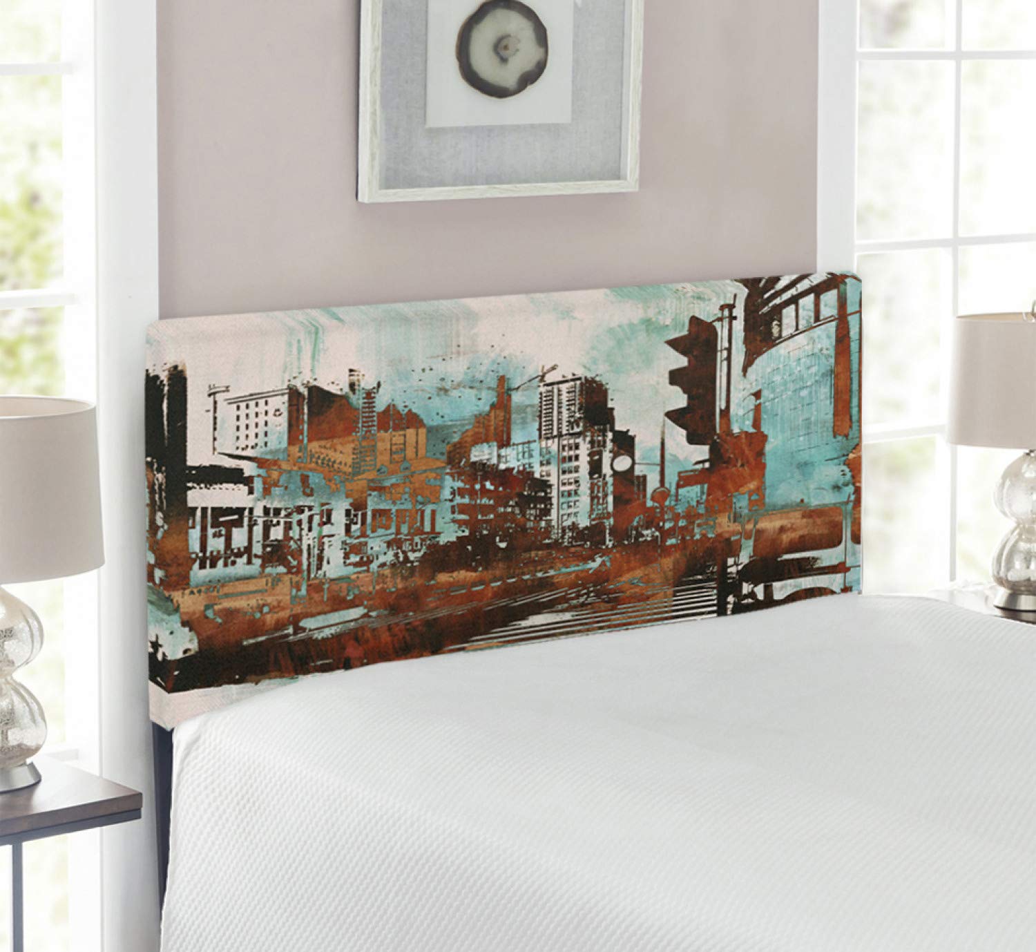Ambesonne Grunge Headboard - Urban Cityscape Abstract Acrylic Painting Style with Memory Foam, Twin Size Upholstered Metal Bed Frame in Seafoam Brown & White | Perfect for Contemporary Bedroom Decor & Apartment Styling