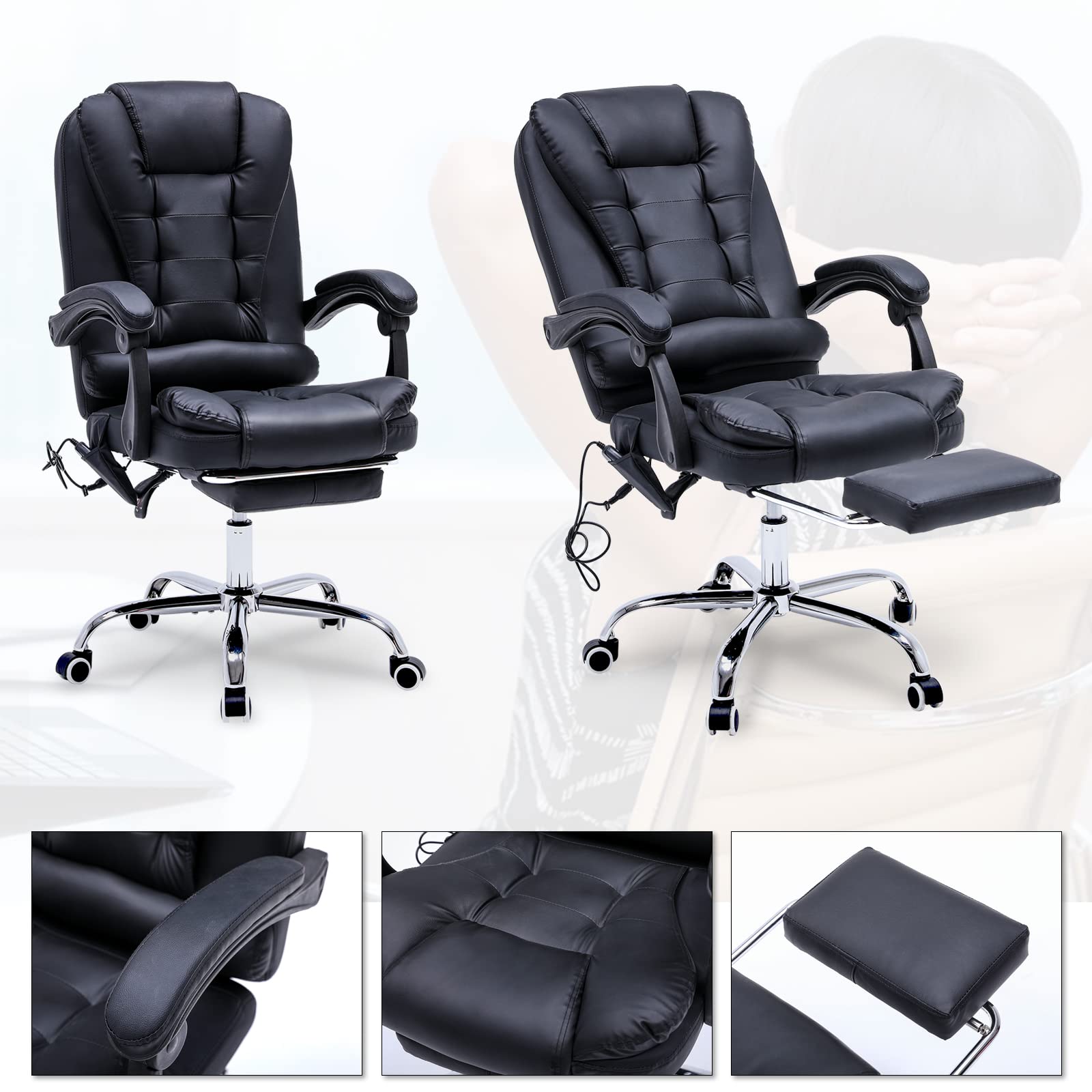 Ergonomic Reclining Office Chair with Massage & Heat - PU Leather Executive Computer Chair with Footrest & Padded Armrest - High Back Swivel Recliner for Home Office, Study, or Gaming - Black