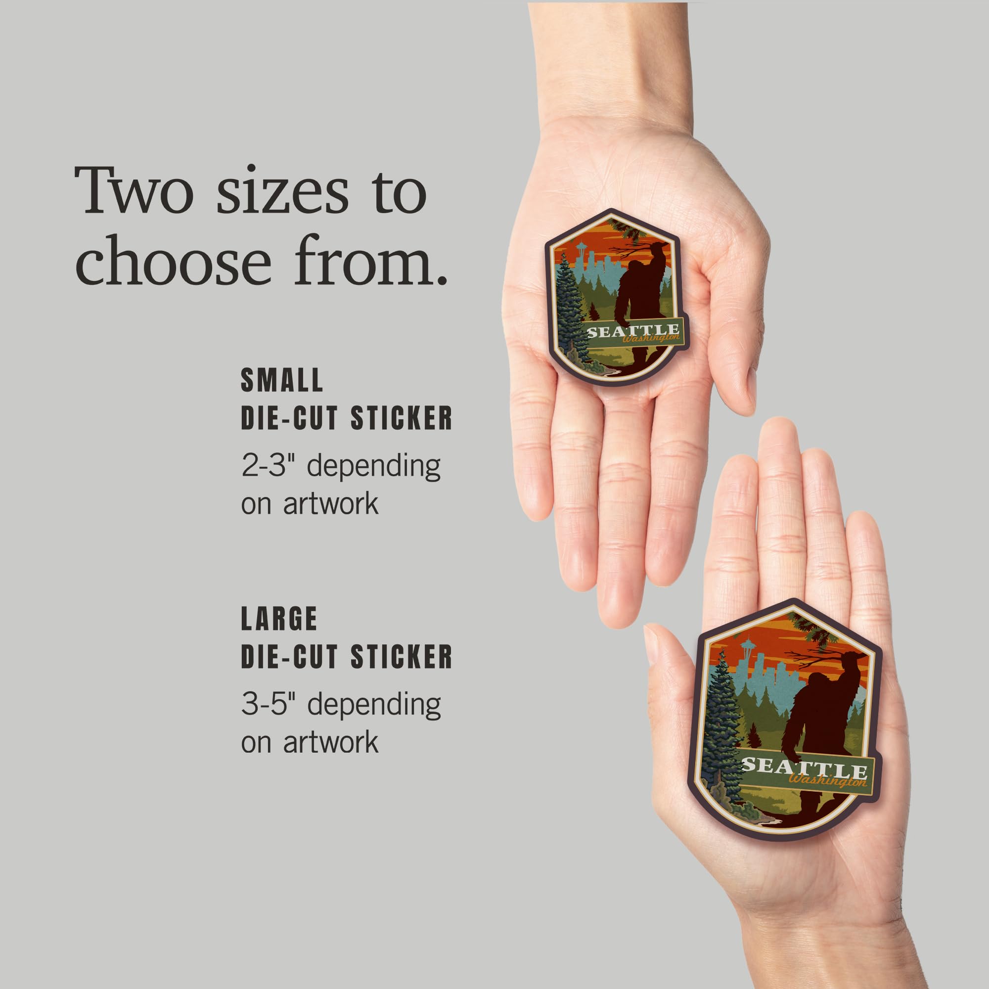 Custom Die Cut Stickers Seattle Washington - Bigfoot WPA Style Vinyl Decals 3-6 Inch Waterproof - Perfect for Cars, Water Bottles, Laptops, Coolers & DIY Projects - Durable Outdoor/Indoor Decoration