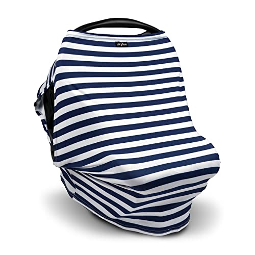 Luv Bug UPF 50+ Baby Car Seat Cover with Side Vents - UV Protection & Breathable Nursing Cover for Infants - Car Seat Canopy for Sun Protection & Privacy (Navy Stripes) - Perfect for Travel, Shopping & Outdoor Activities