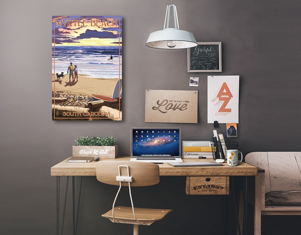 Lantern Press Myrtle Beach South Carolina Wall Art - 24x36 Wrapped Canvas Print of Beach Walk & Surfers - Coastal Home Decor for Living Room, Bedroom or Office