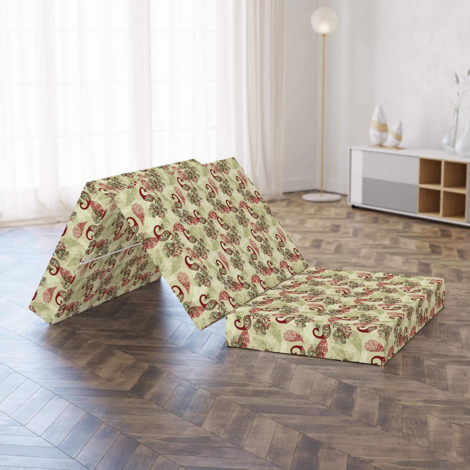 Ambesonne Winter Foldable Mattress with Peacock & Snowflake Design - Portable Guest Bed for Home, Travel & Camping - Cozy Extra Sleeping Solution for Cold Weather
