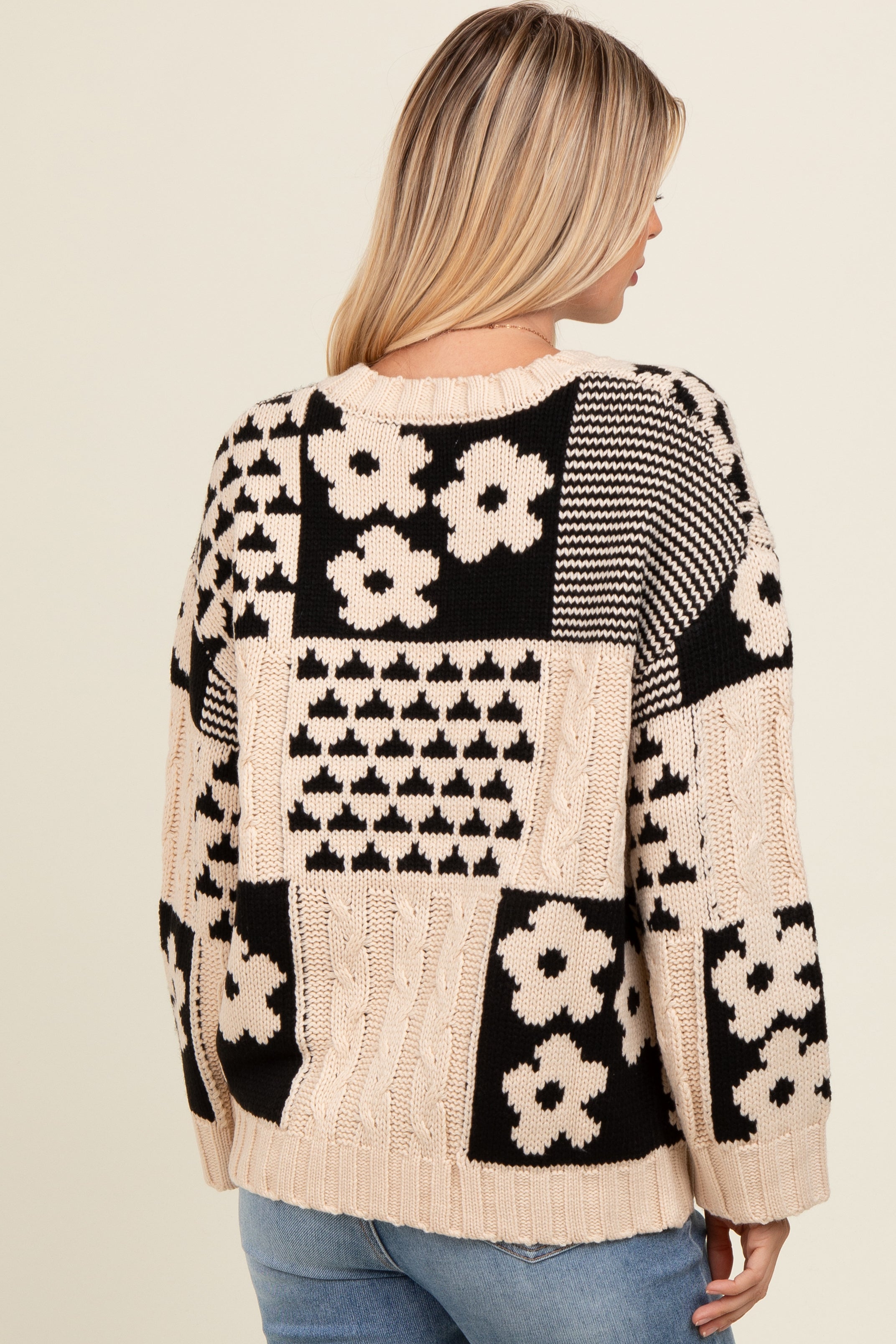 Beige Floral Print Cable Knit Sweater for Women - Cozy Winter Pullover for Casual Outings & Holiday Gatherings