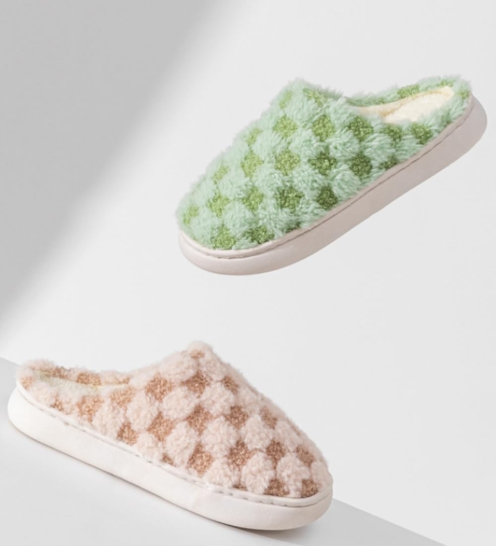 Women's Plush Plaid House Slippers - Warm Fuzzy Checkered Slip-On Shoes for Cozy Bedroom & Indoor Use | Perfect Winter Home Comfort
