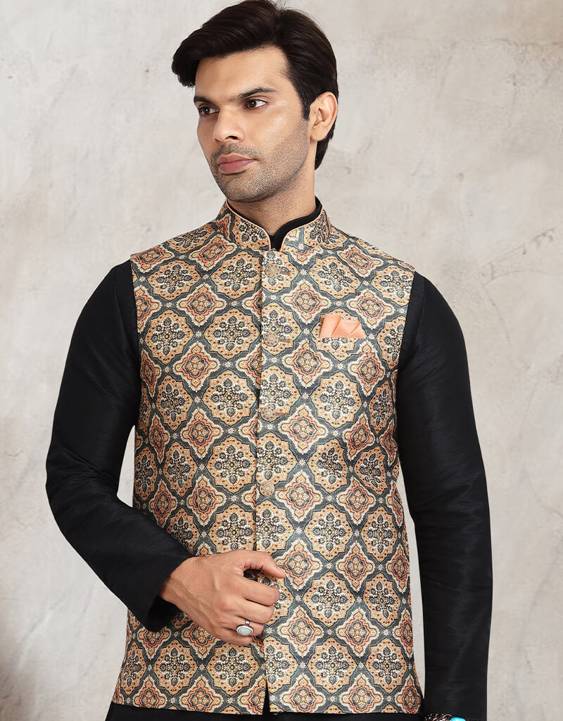 Black 3 Piece Banarasi Silk Jacket Set with Churidar - Elegant Indian Ethnic Outfit for Weddings & Festive Occasions