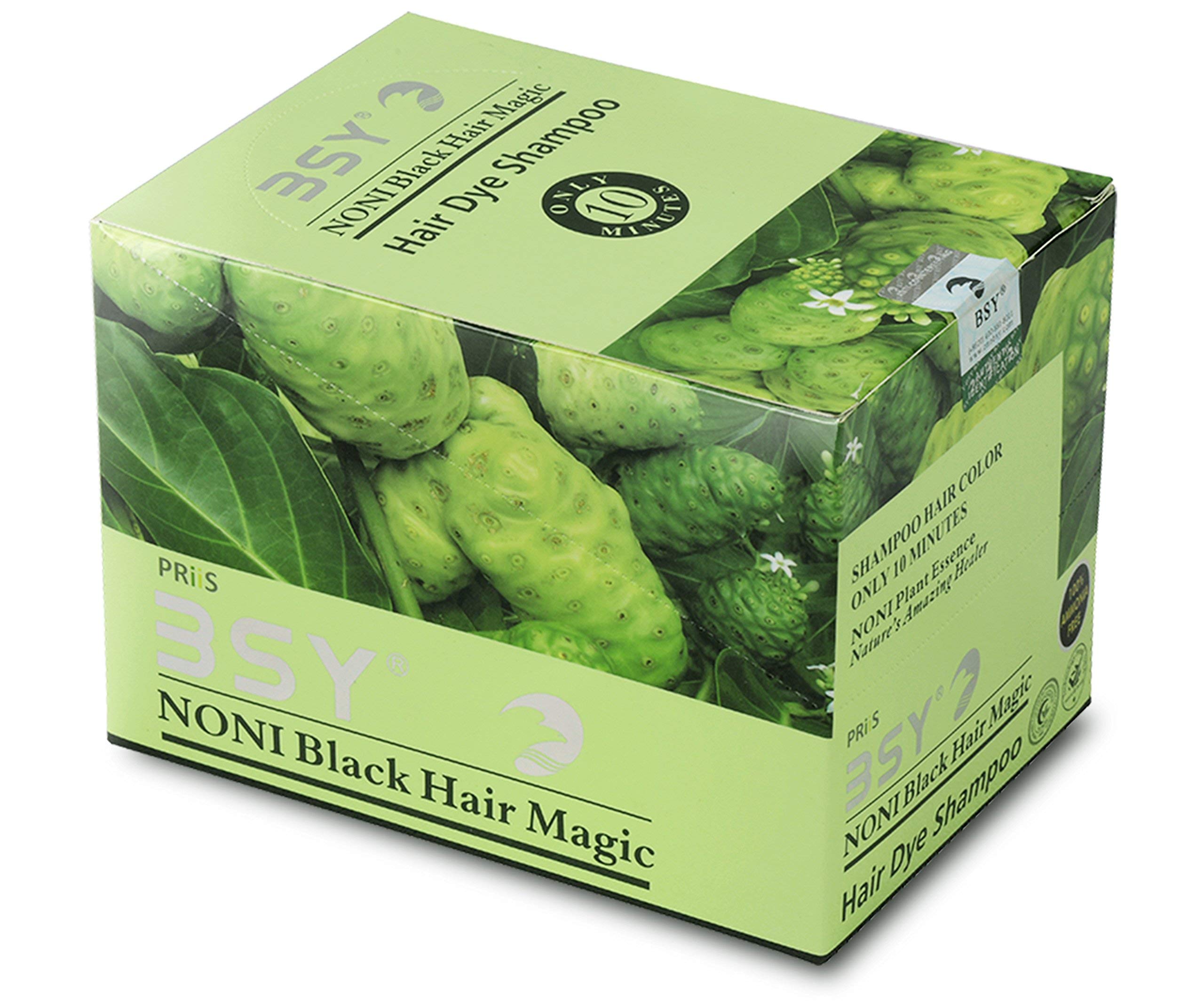 BSY Noni Black Hair Magic Shampoo - Ammonia Free Permanent Hair Dye (20ml x 6 Sachets) | Natural Black Hair Color for Men & Women | Quick 5-Minute Hair Coloring with Noni Fruit Extract | Perfect for Home Use, Travel & Touch-Ups