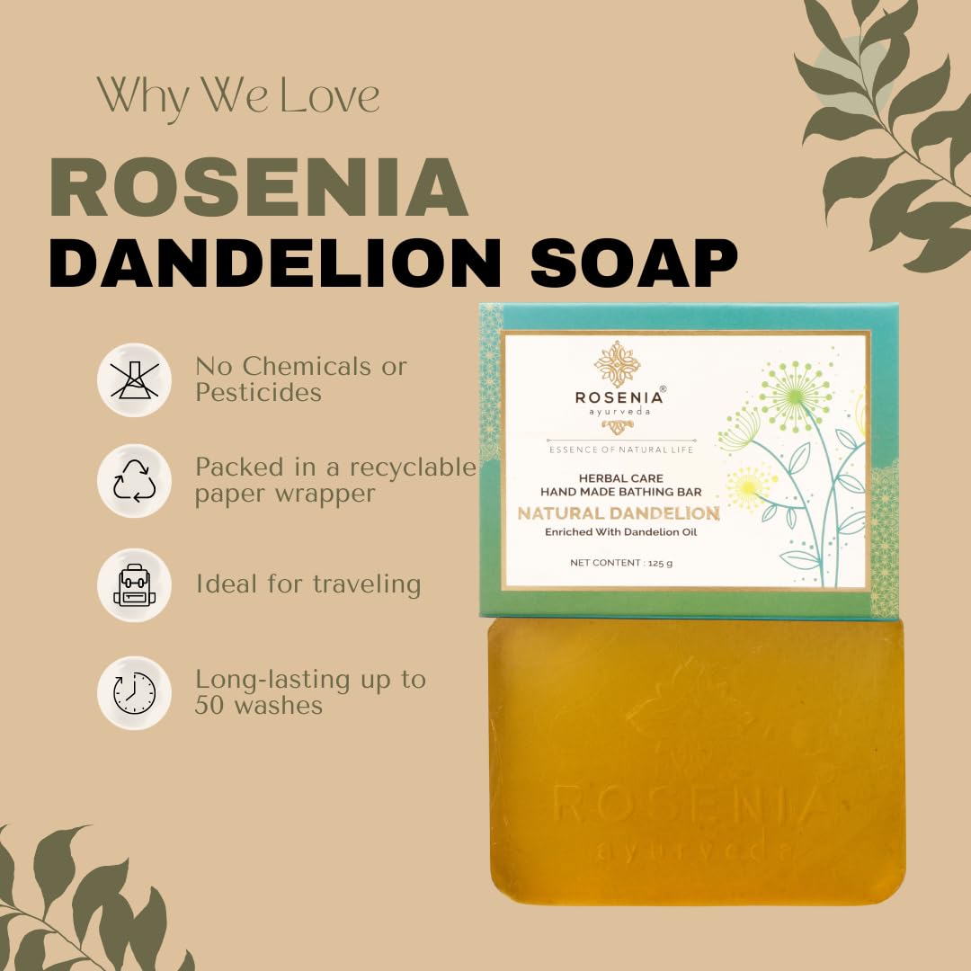 Rosenia Ayurveda Natural Dandelion Handmade Soap Bar for Face & Body - Organic Herbal Cleanser for Sensitive Skin, Acne & Dryness - Perfect for Daily Bathing, Spa & Gift Sets